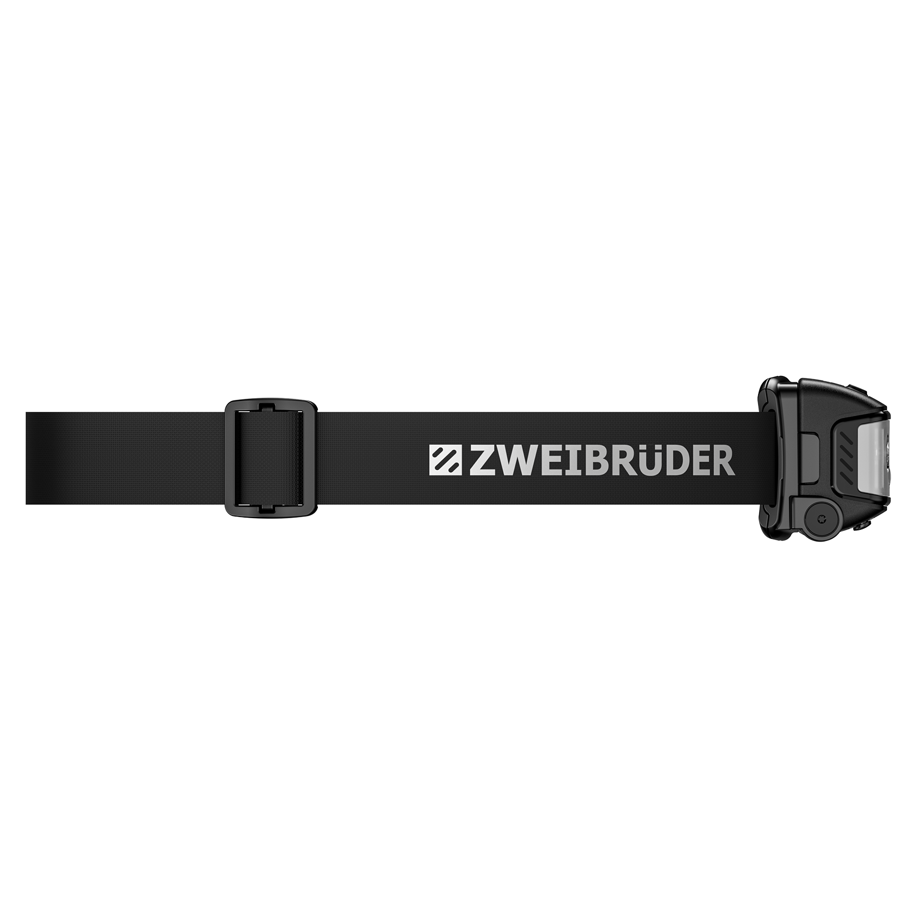 Schwarzes Stirnband mit Logo und Leuchteneinheit.