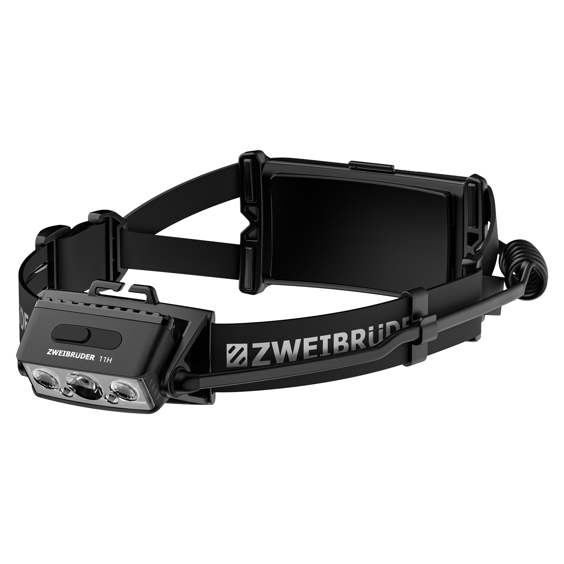 Eine schwarze Zweibrüder 11H Stirnlampe mit drei LEDs und verstellbaren Gurten.
