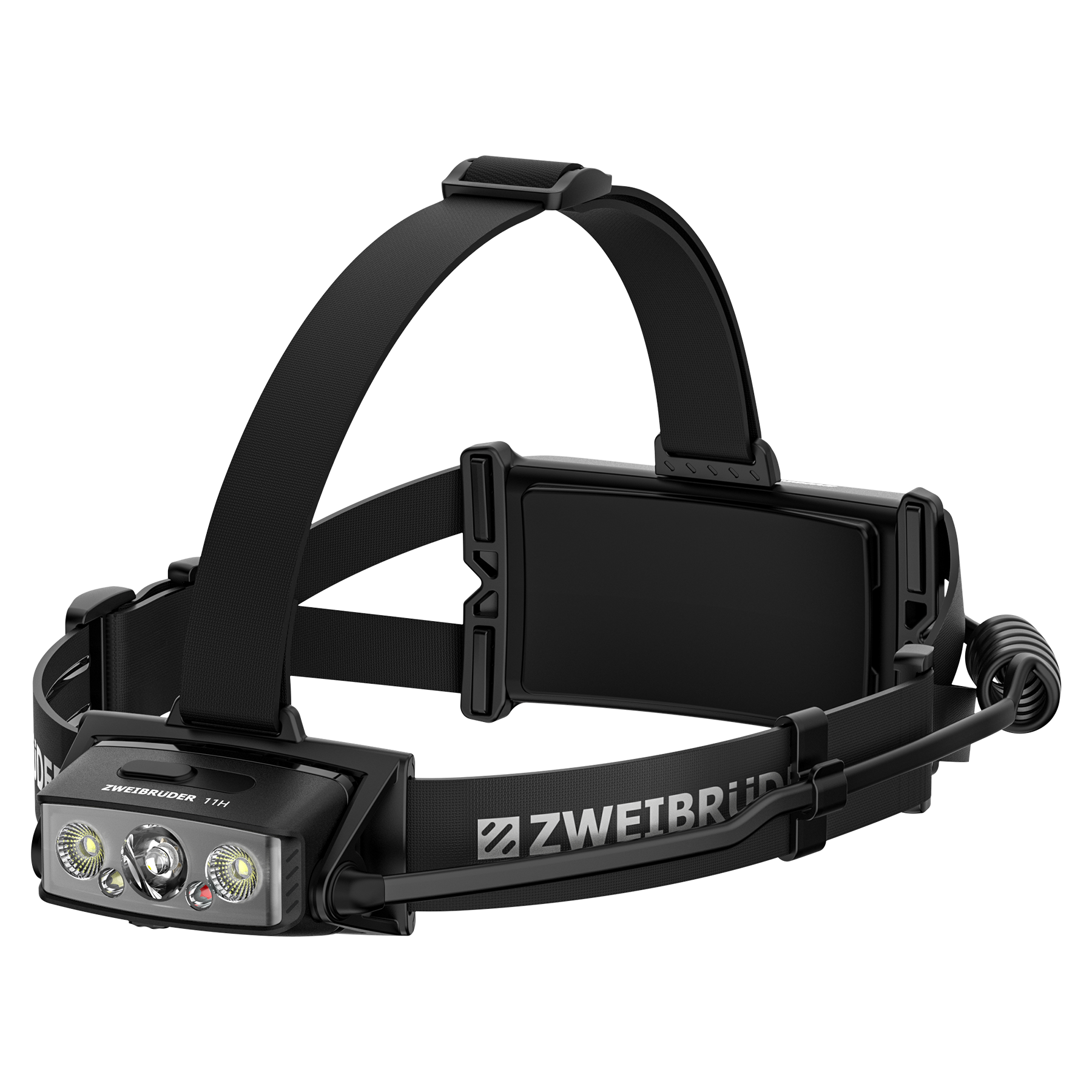 Eine schwarze Zweibruder 11H Stirnlampe mit verstellbaren Gurten und mehreren LED-Leuchten.