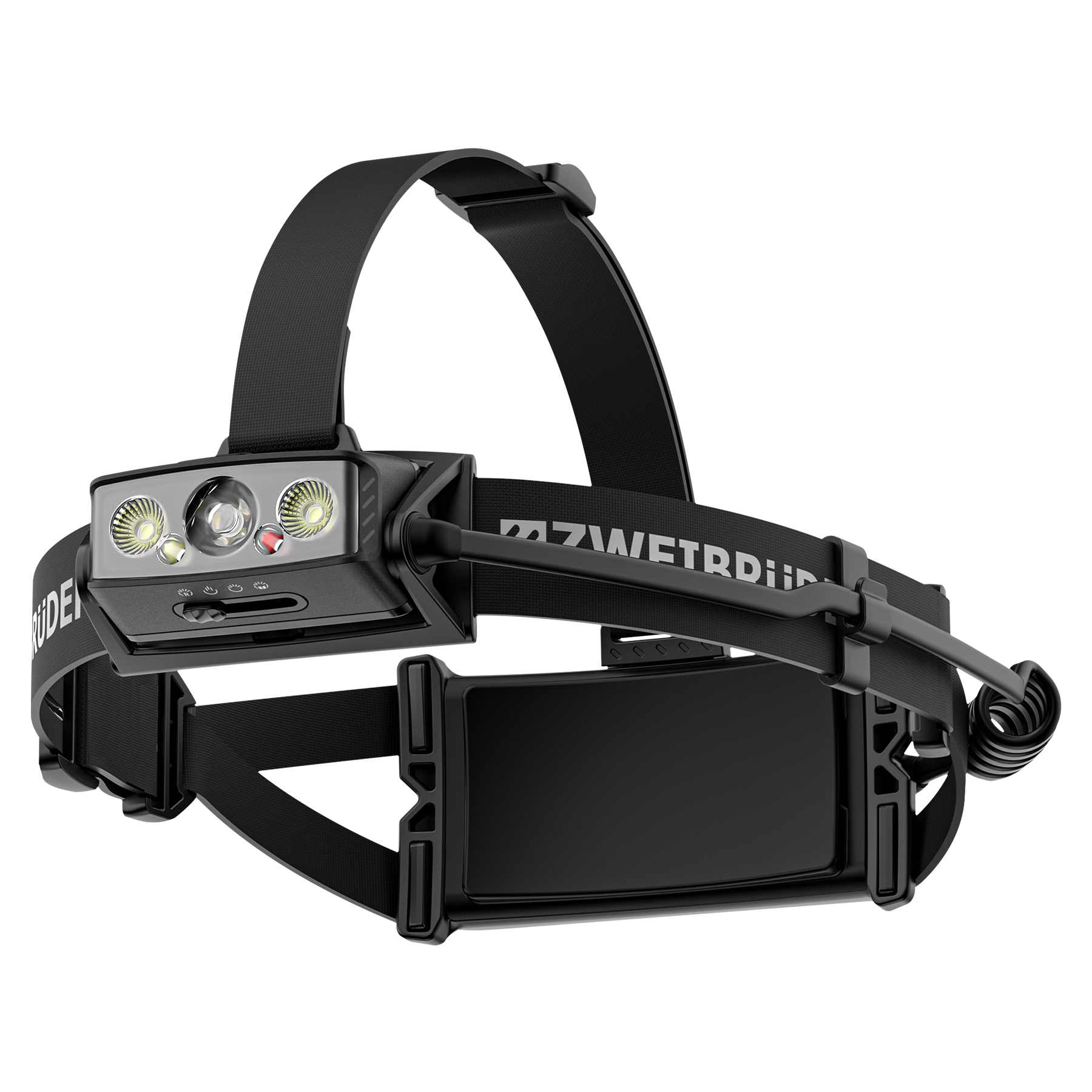 Schwarze Stirnlampe mit mehreren LEDs, verstellbarem Riemen und elastischer Schnur.