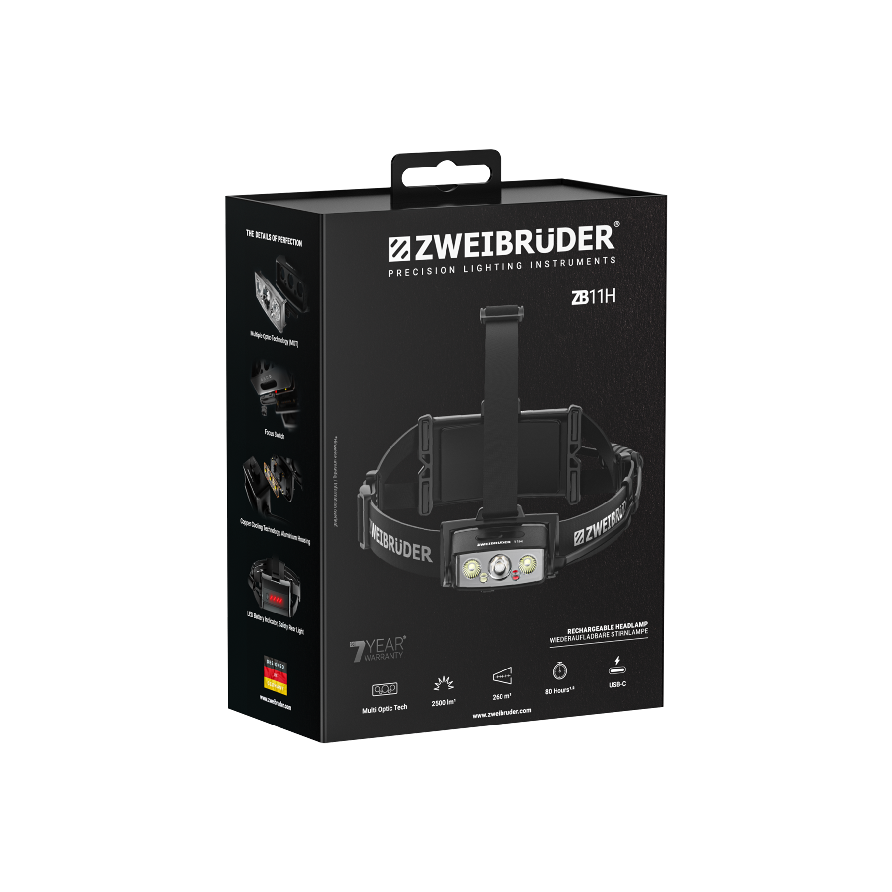 Schwarze Box-Verpackung für eine ZWEIBRUDER ZB11H wiederaufladbare Stirnlampe mit Produktdetails und Bildern.