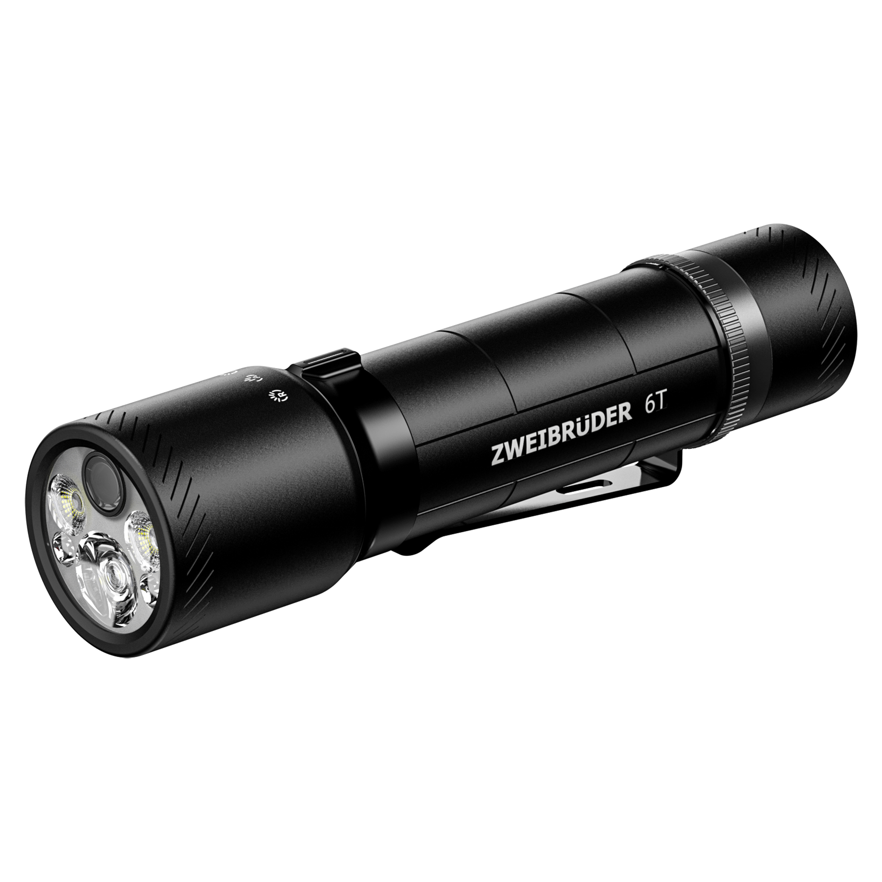 Schwarze Taschenlampe mit drei LEDs und silbernen Akzenten, Modell ZWEIBRÜDER 6T.