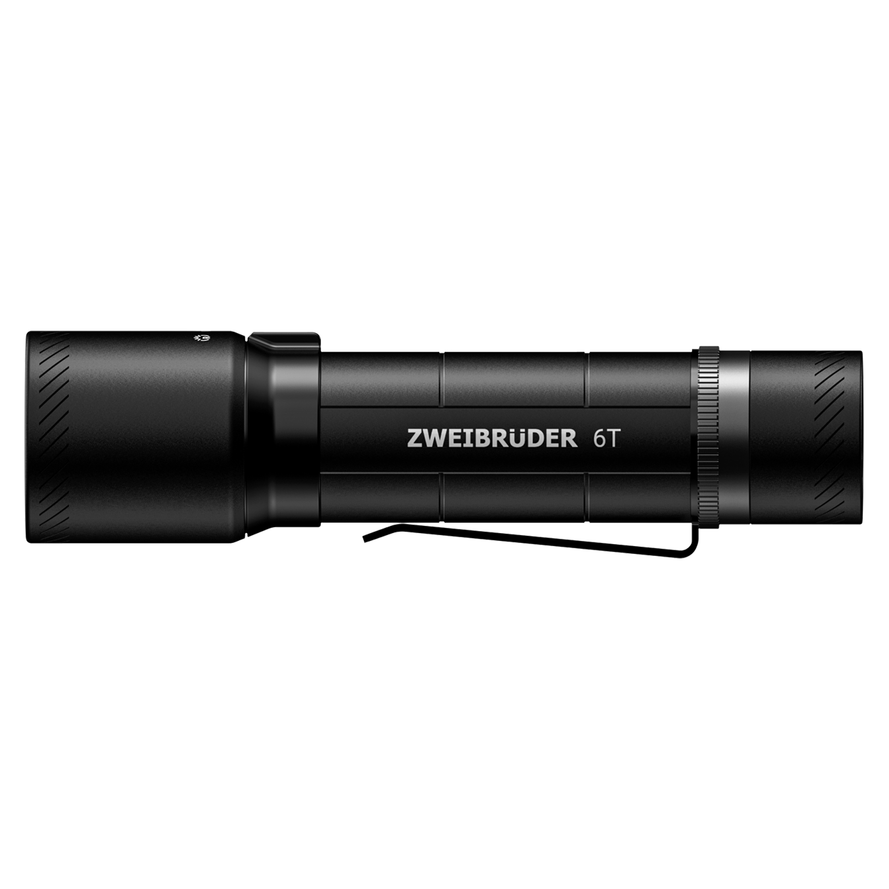 Schwarze Taschenlampe mit geriffelten Griffen und der Aufschrift ZWEIBRÜDER 6T.