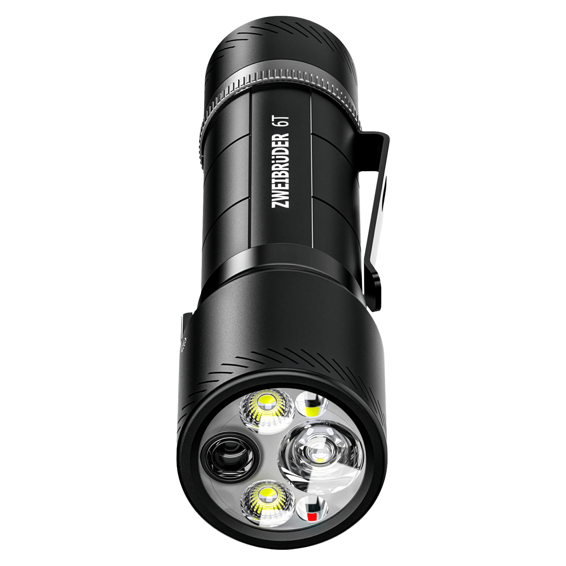 Schwarze Taschenlampe mit vier LEDs und silbernem Ring, auf schwarzem Hintergrund.