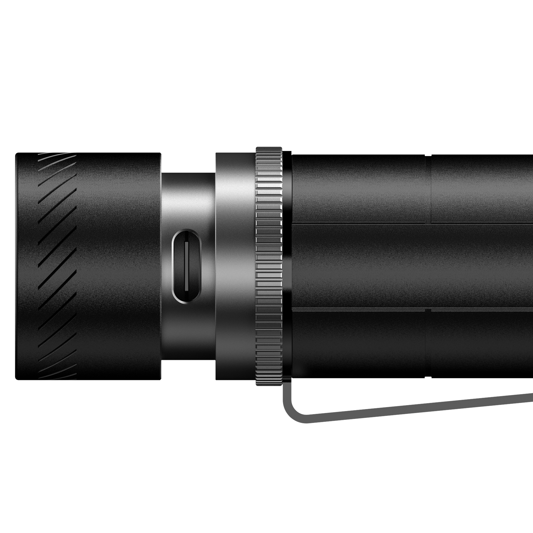 Schwarzer Zylinder mit gerändeltem Ring, USB-C-Anschluss und Clip.