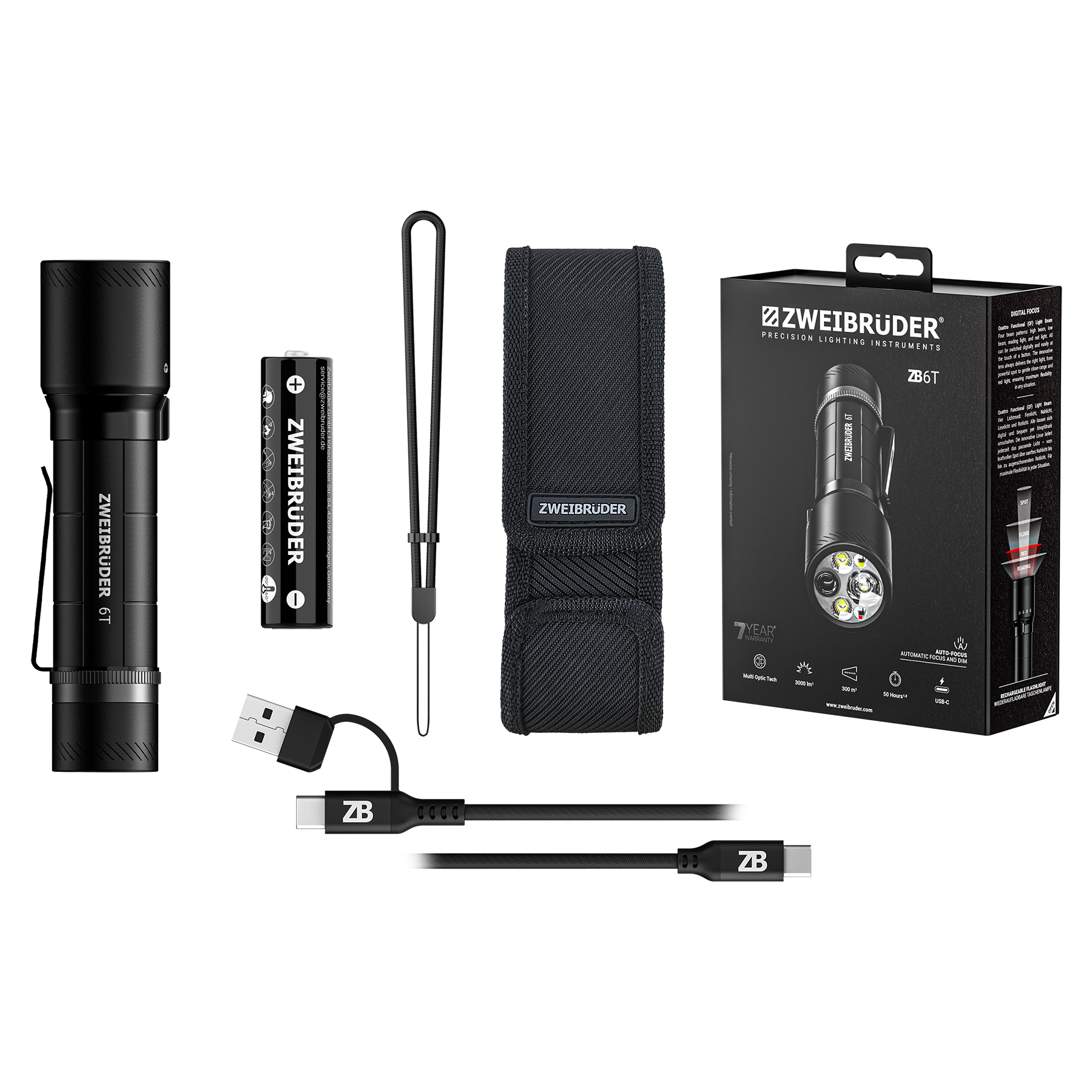 Ein schwarzes ZWEIBRUDER 6T Taschenlampen-Set mit Zubehör auf schwarzem Hintergrund.