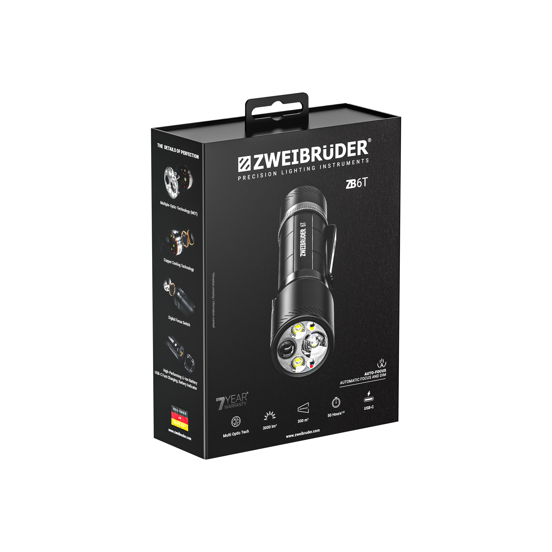 Verpackung einer ZWEI BRÜDER ZB6T Taschenlampe mit Details zu Technologie und Merkmalen.