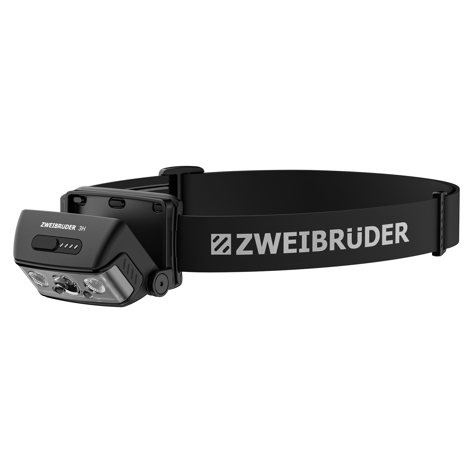 Schwarze Stirnlampe mit ZWEI BRÜDER-Logo auf dem Band und vier LEDs.