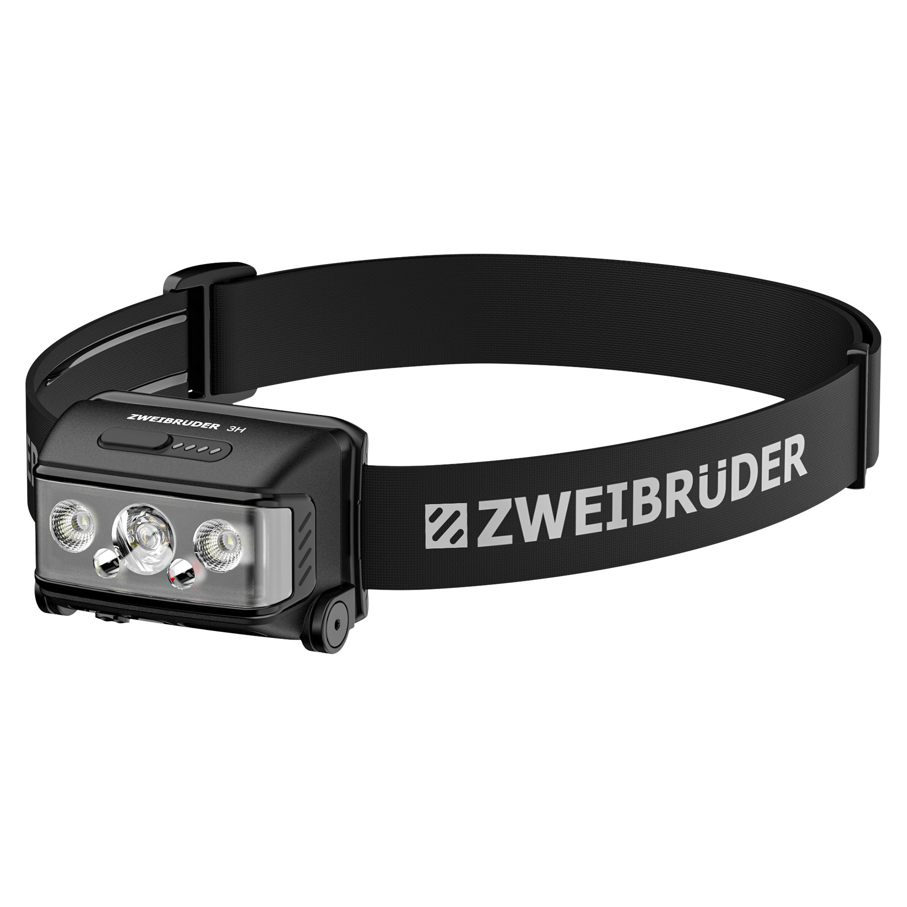 Schwarzes Stirnband mit einem schwarzen Lampenkopf mit vier LEDs.
