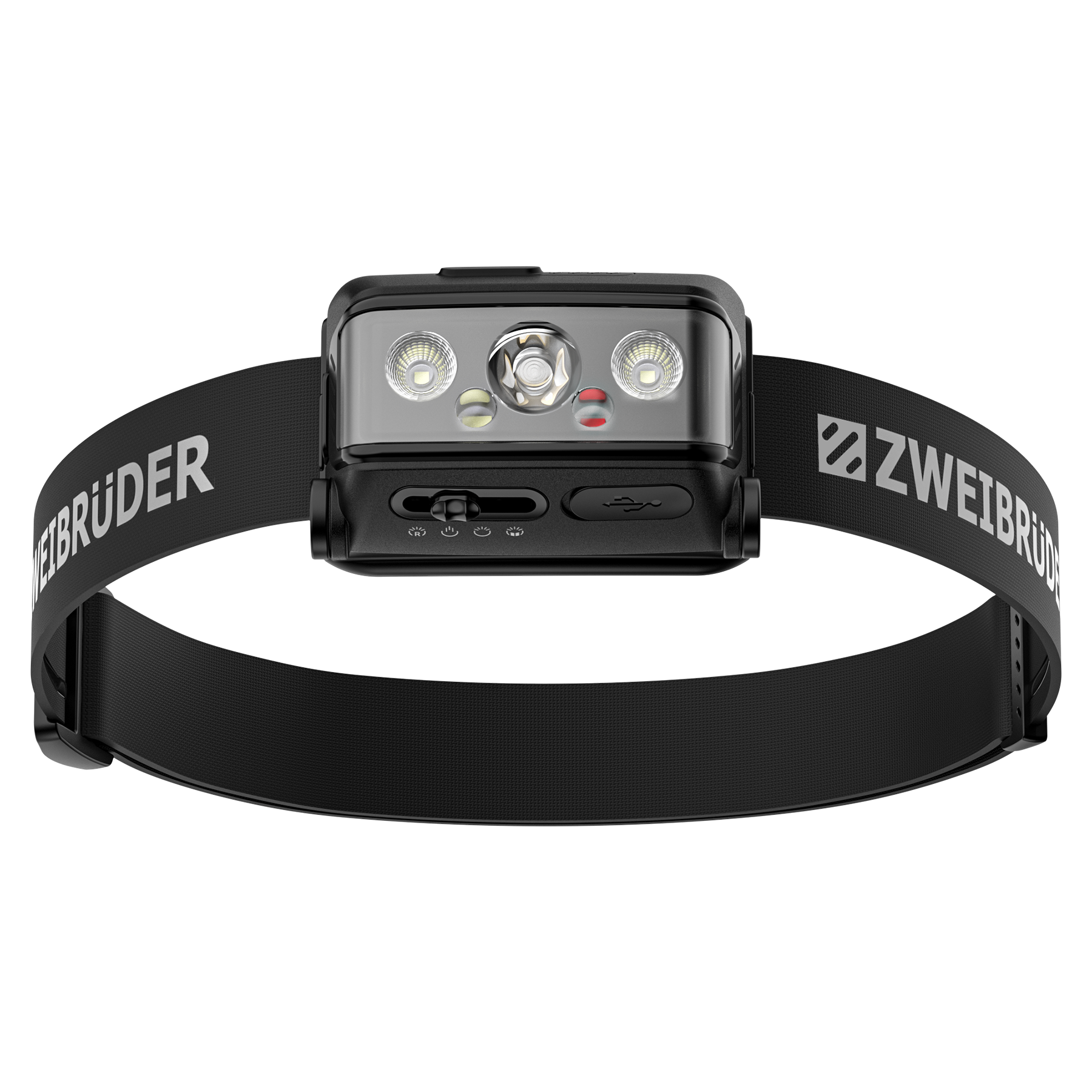 Schwarzes Stirnband mit Metallgehäuse und drei Lichtern, USB-Anschluss.