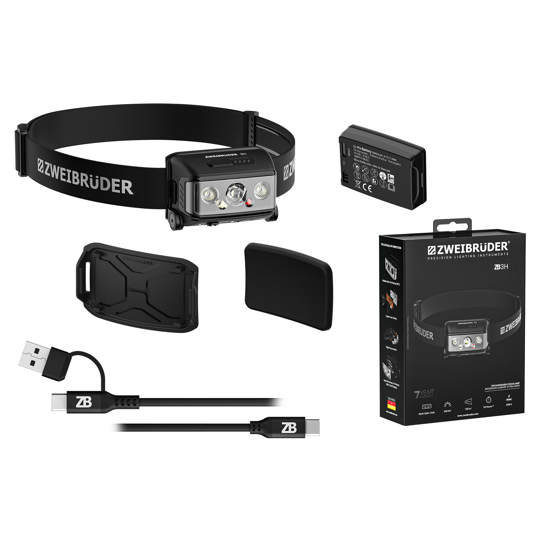 Ein ZWEIBRÜDER Stirnlampen-Set mit Lampe, Akku, Kabel, Halterung und Verpackung.