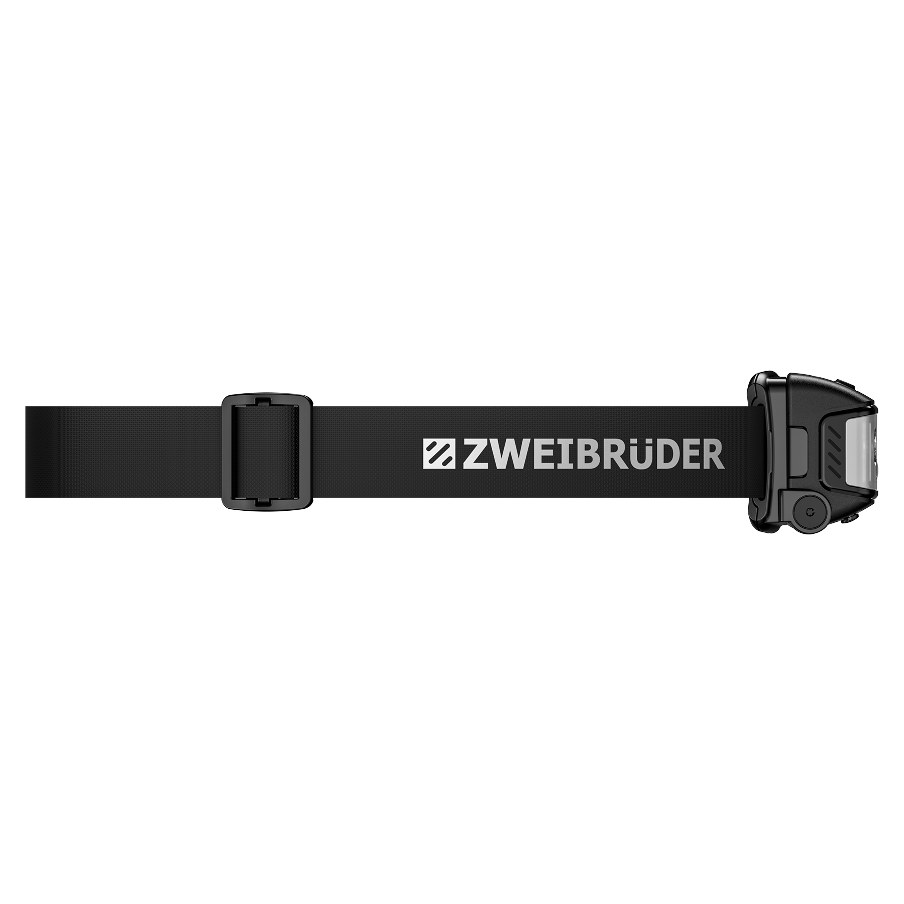 Schwarzes Stirnband mit ZWEIBrüder-Logo und einer Schnalle. Am rechten Ende ist die Lampe.