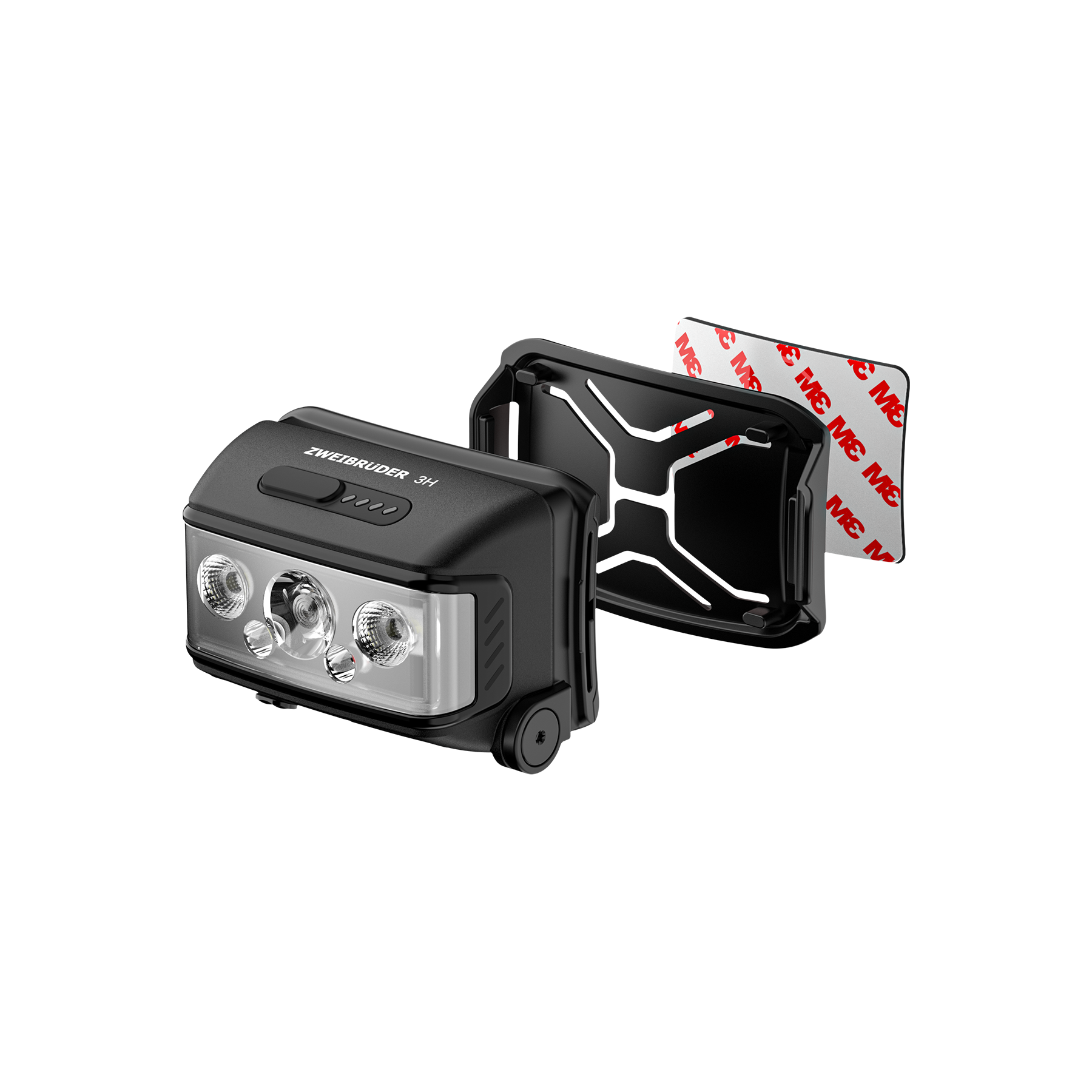 Schwarzer Stirnlampe mit drei LEDs und Halterung mit Klebestreifen.