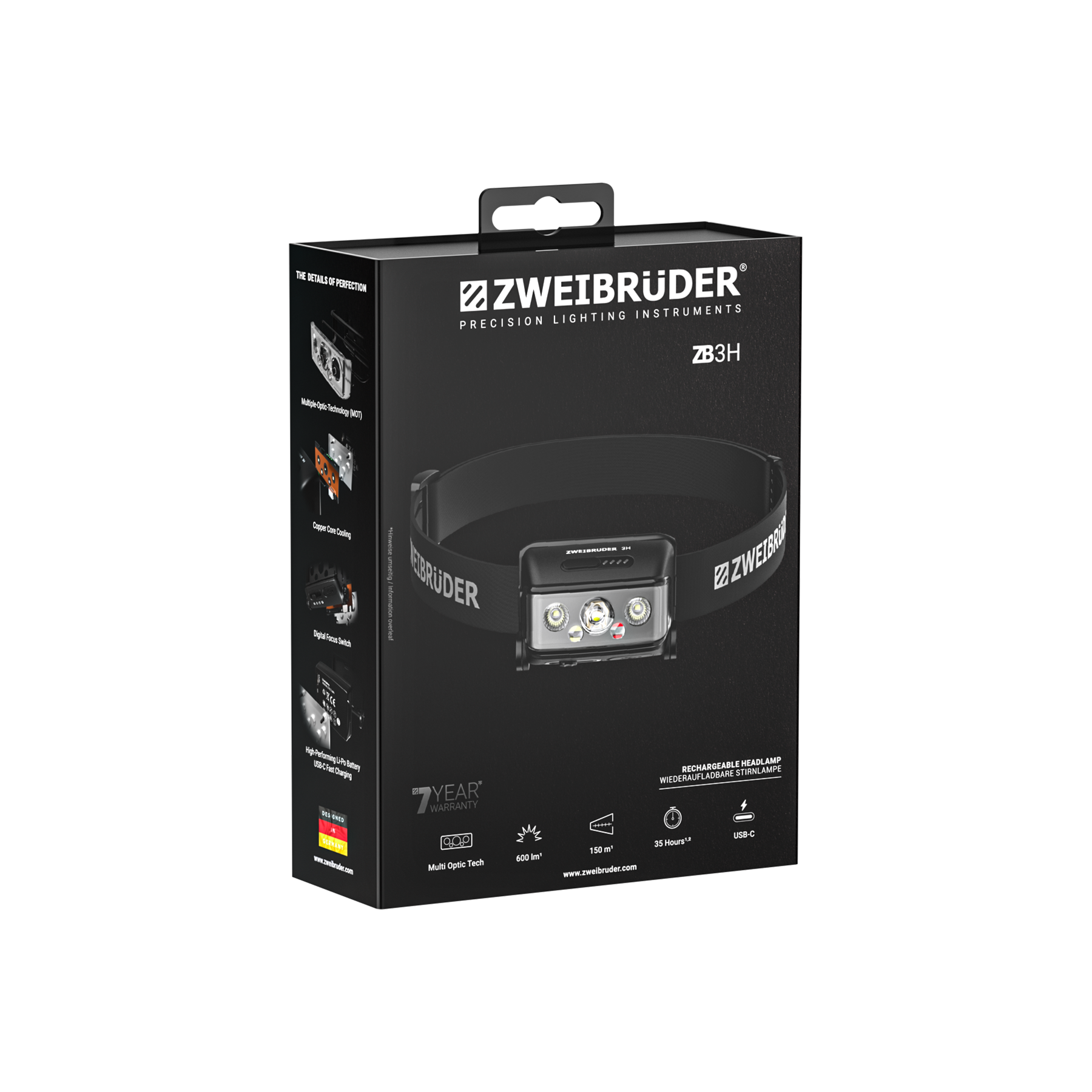Verpackung einer ZWEIBRÜDER ZB3H wiederaufladbaren Stirnlampe mit Details.