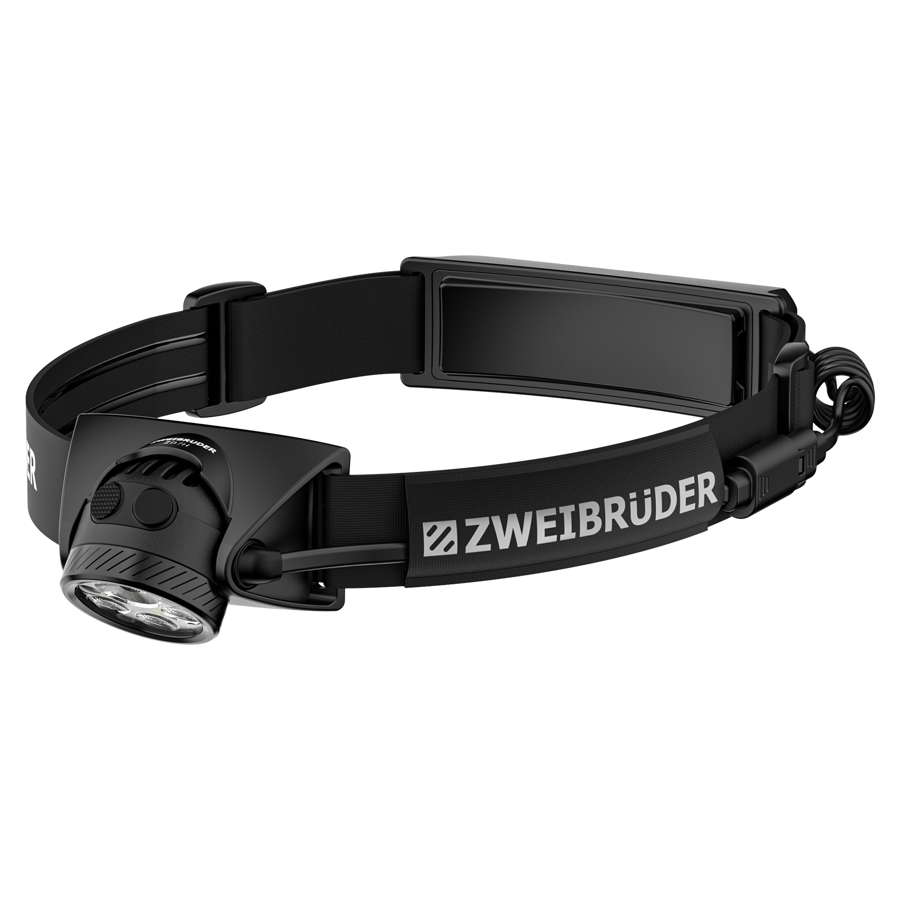 Schwarzer Stirnlampe mit ZWEIBrüder-Logo und vier LED-Leuchten.