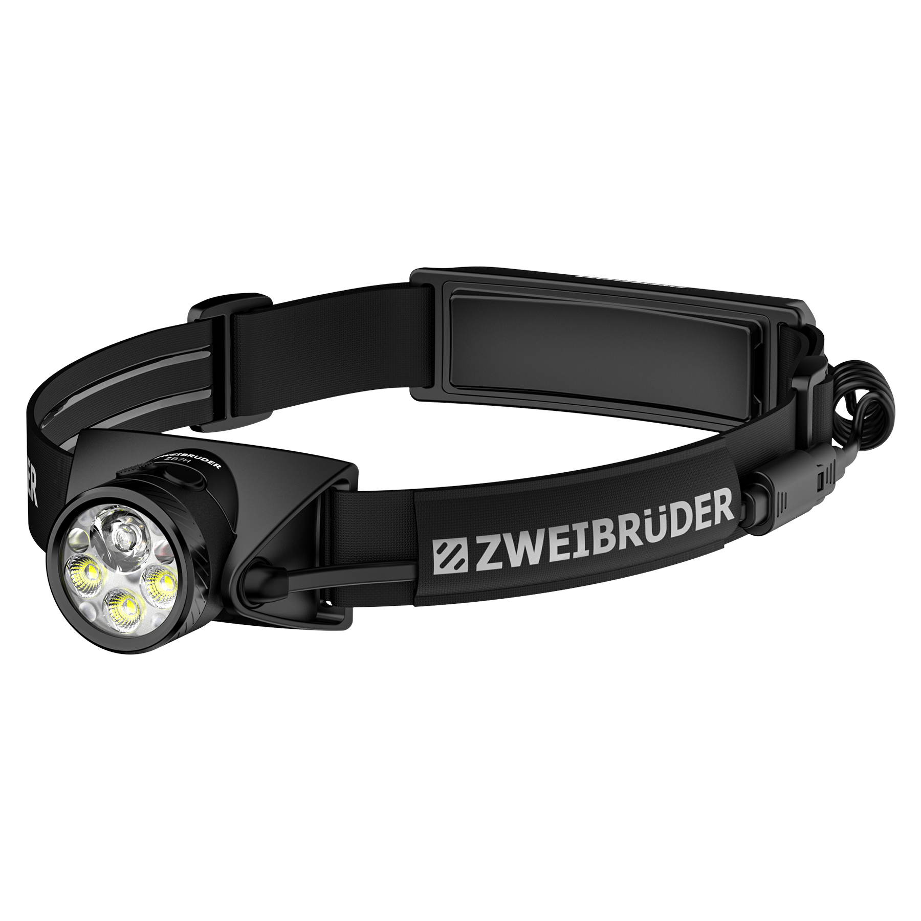 Schwarze Stirnlampe mit vier LEDs und verstellbarem Band mit ZWEIBRÜDER-Logo.