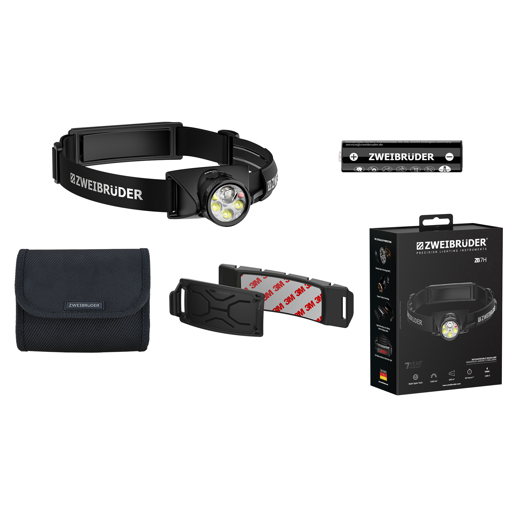 Ein schwarzer Stirnlampe-Set von Zweibrüder mit Zubehör, auf schwarzem Hintergrund.