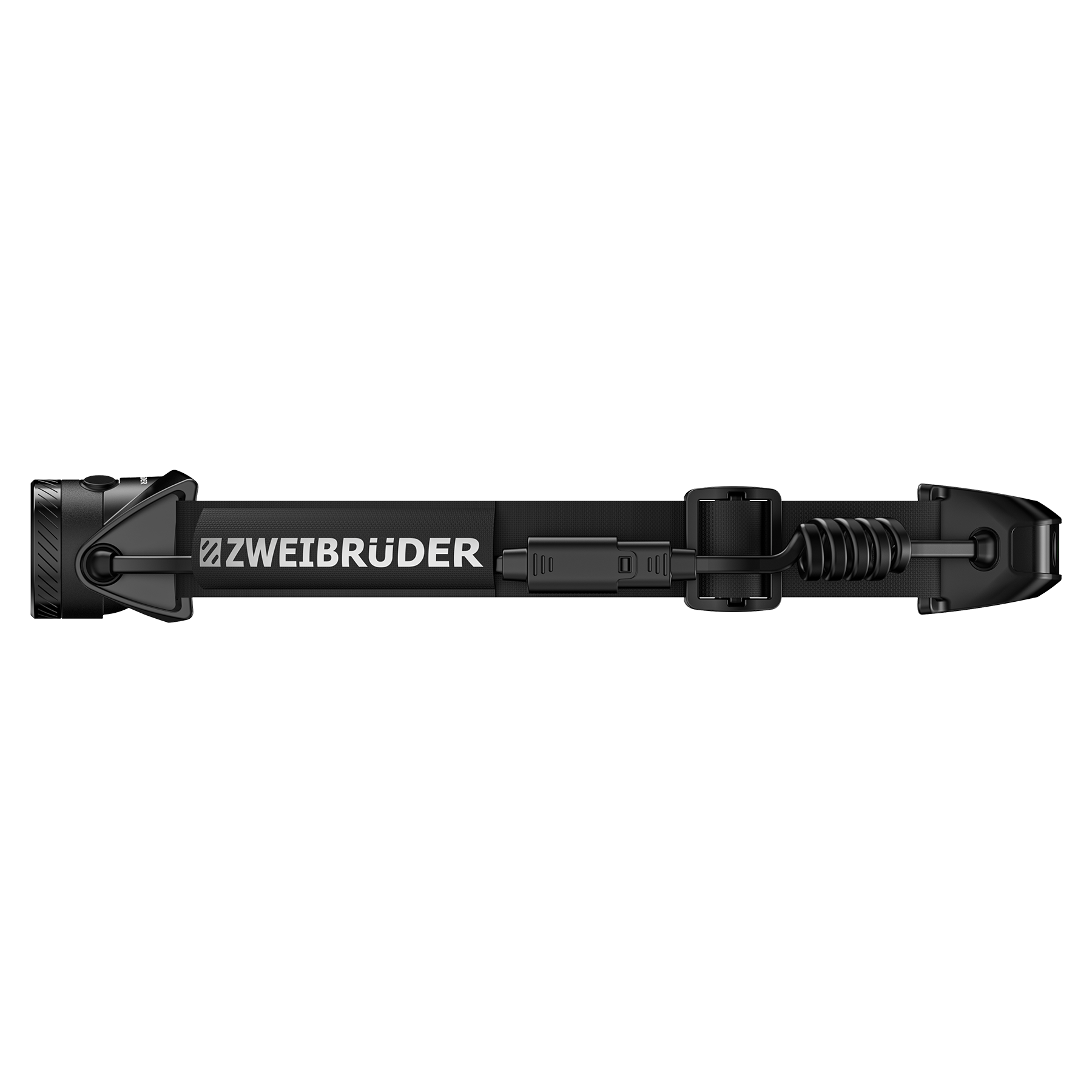 Schwarzes Stirnband mit rotem Licht und silbernem Schriftzug "ZWEIBRÜDER".
