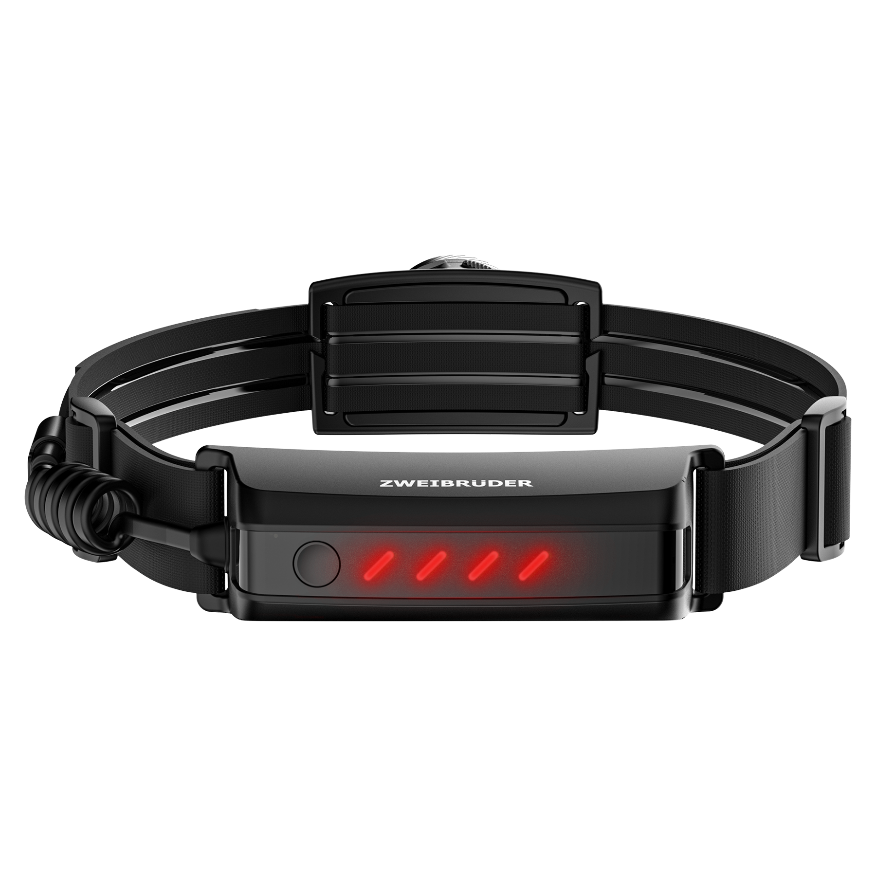 Schwarzes Stirnband mit Batterieanzeige und ZWEIBRUDER-Logo.