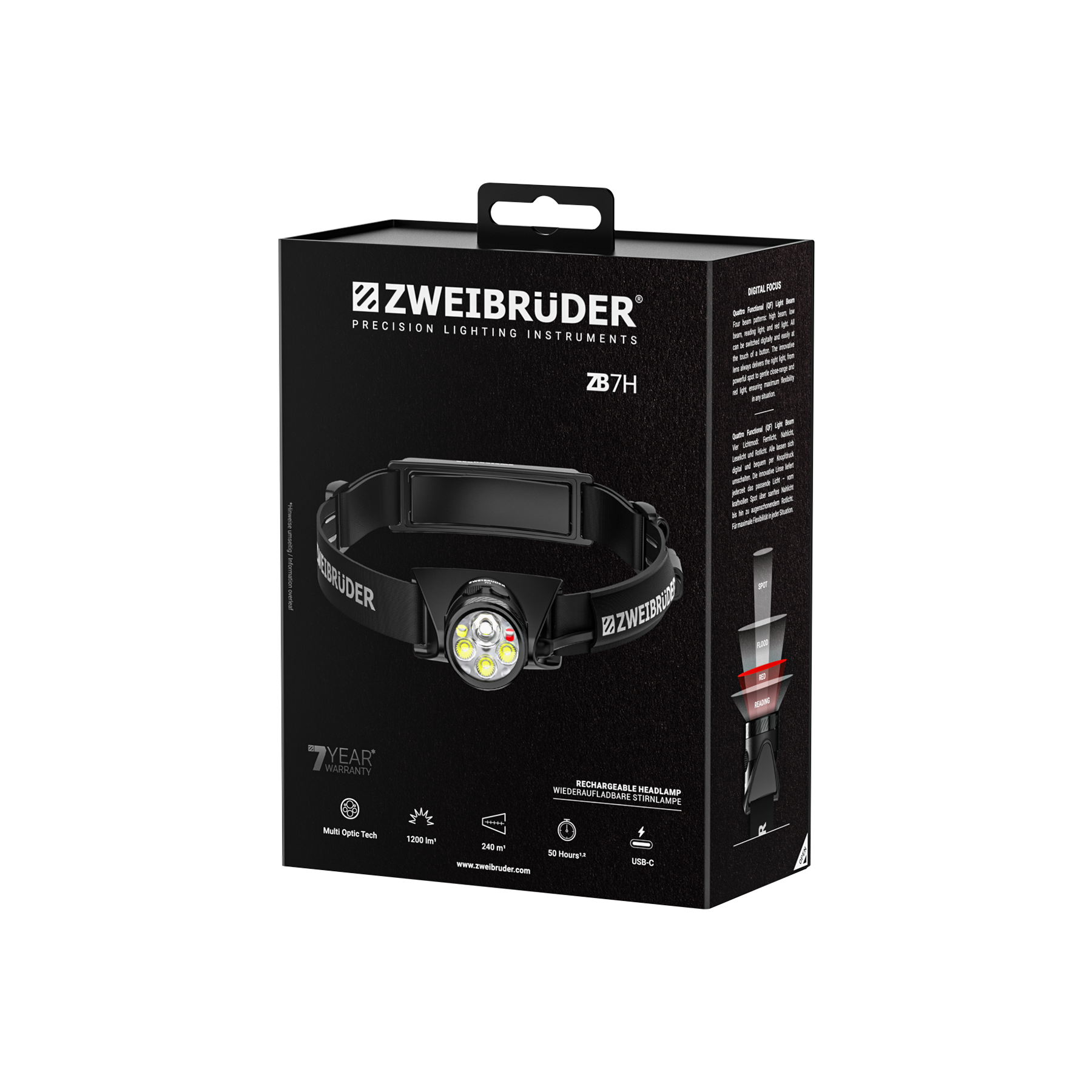 Verpackung einer ZWEIBRÜDER ZB7H Stirnlampe mit detaillierter Darstellung der Lampe und ihrer Funktionen.