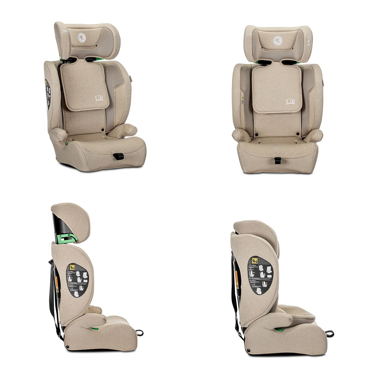 Beige Kindersitz mit verstellbarer Kopfstütze, Seitenansicht und Frontansicht.