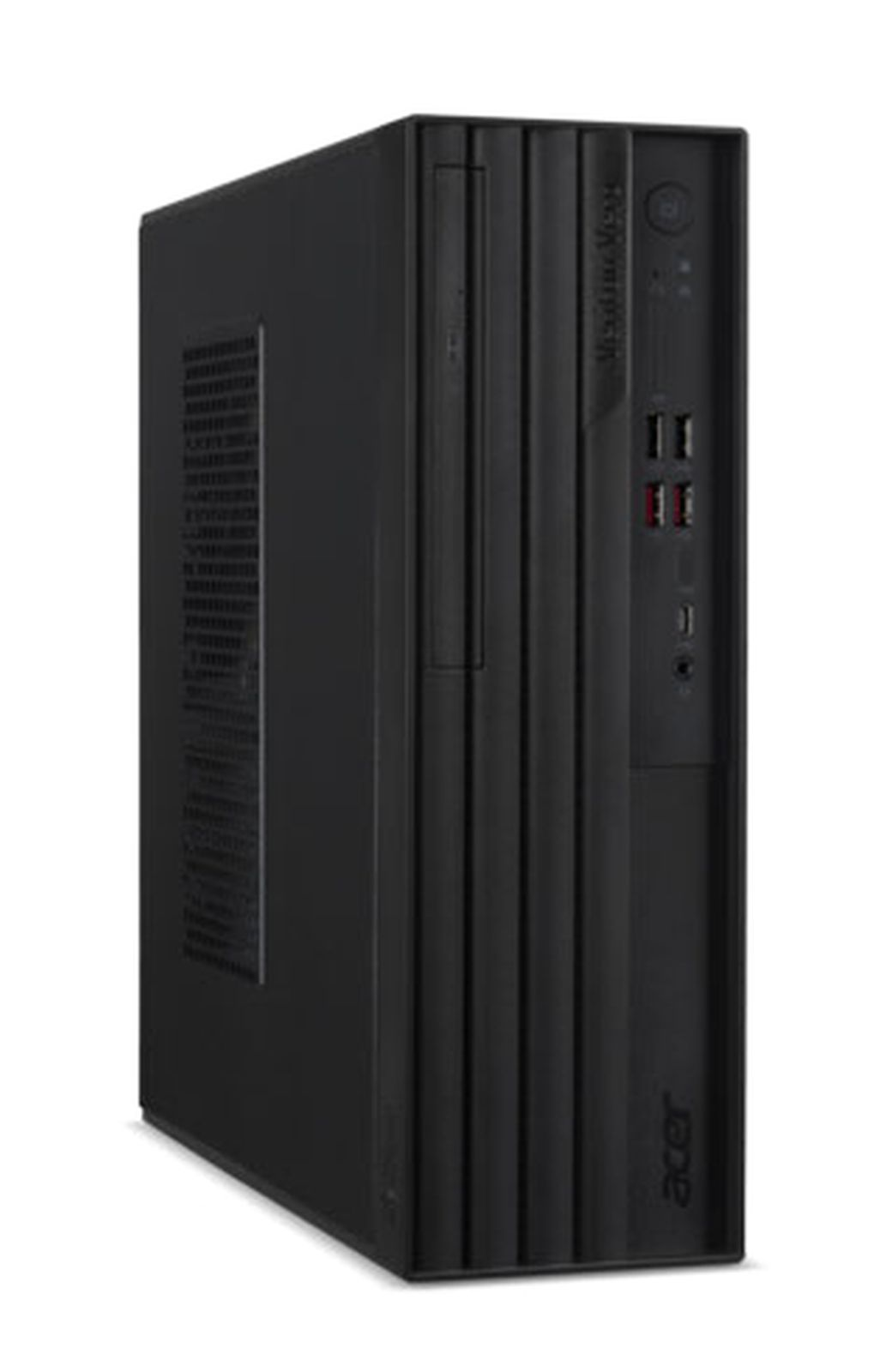 Computer desktop Acer nero con fessure di ventilazione e porte frontali.