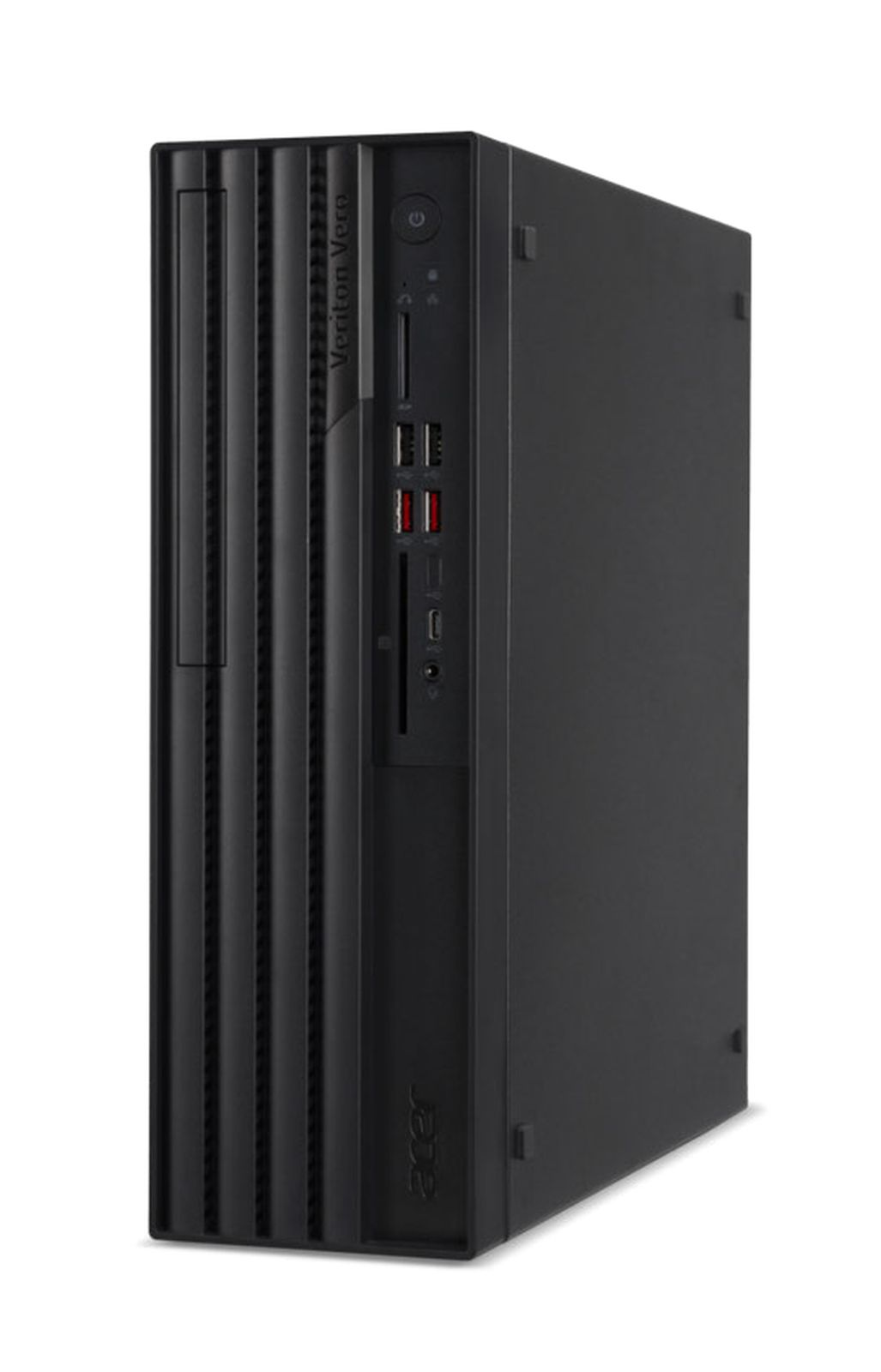 Un case desktop nero Acer Veriton Vero con porte sul lato.