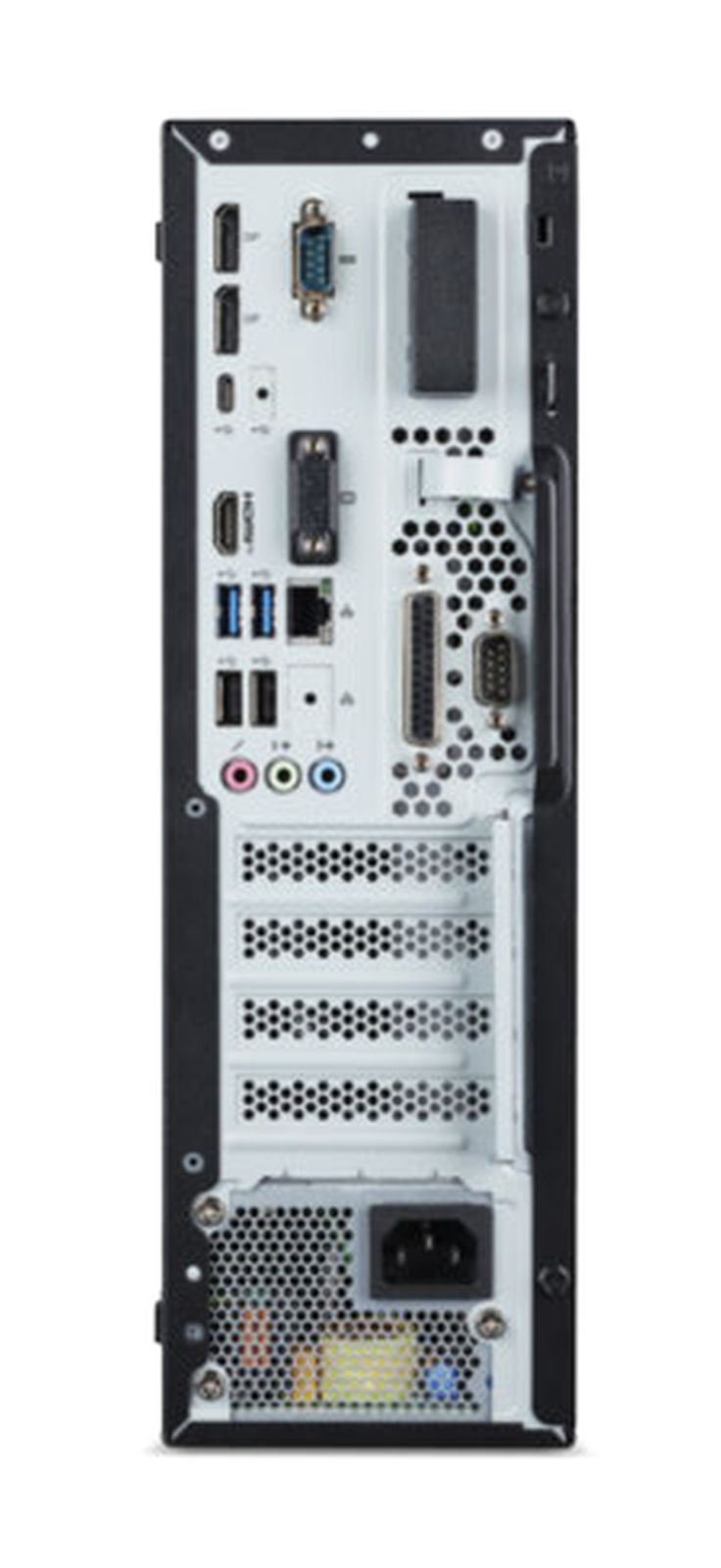 Retro di un PC con porte: USB, HDMI, Ethernet, audio e alimentazione.
