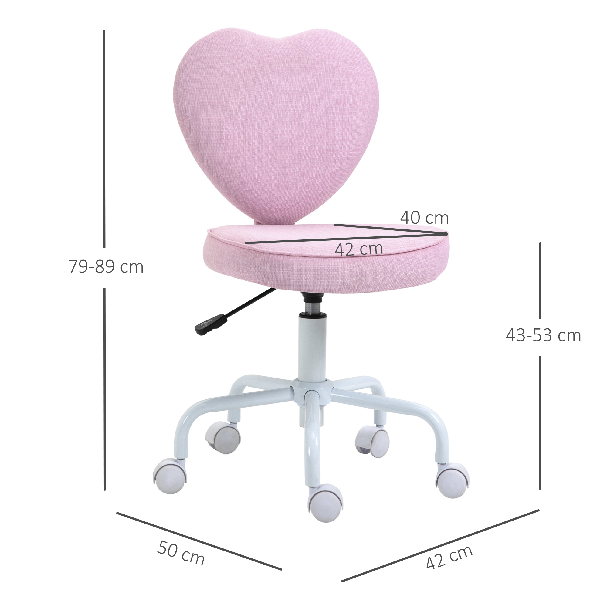 Una sedia rosa a forma di cuore con ruote e misurazioni.