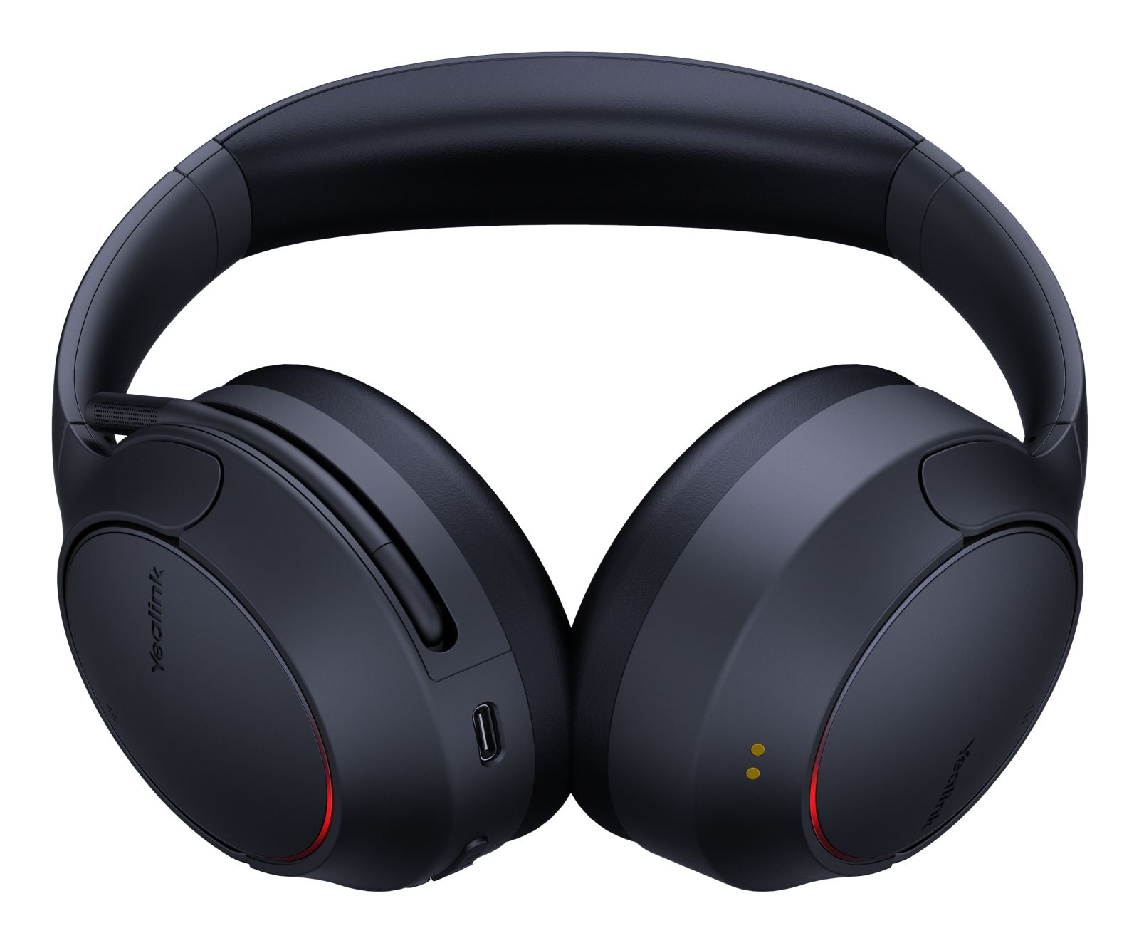 Auriculares inalámbricos negros supraaurales con iluminación roja y logo Yealink.