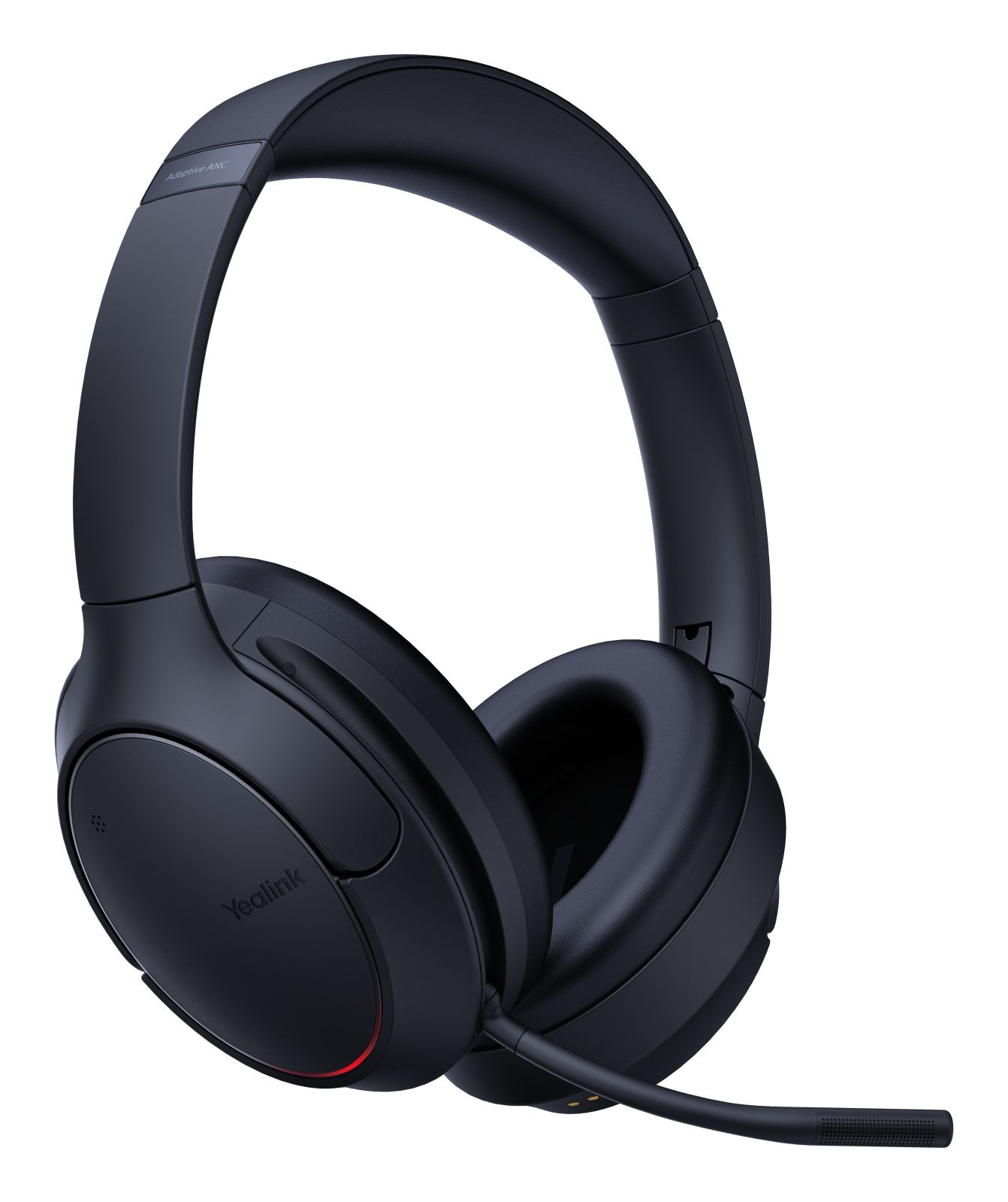 Auriculares negros Yealink con micrófono y luz roja de acento.