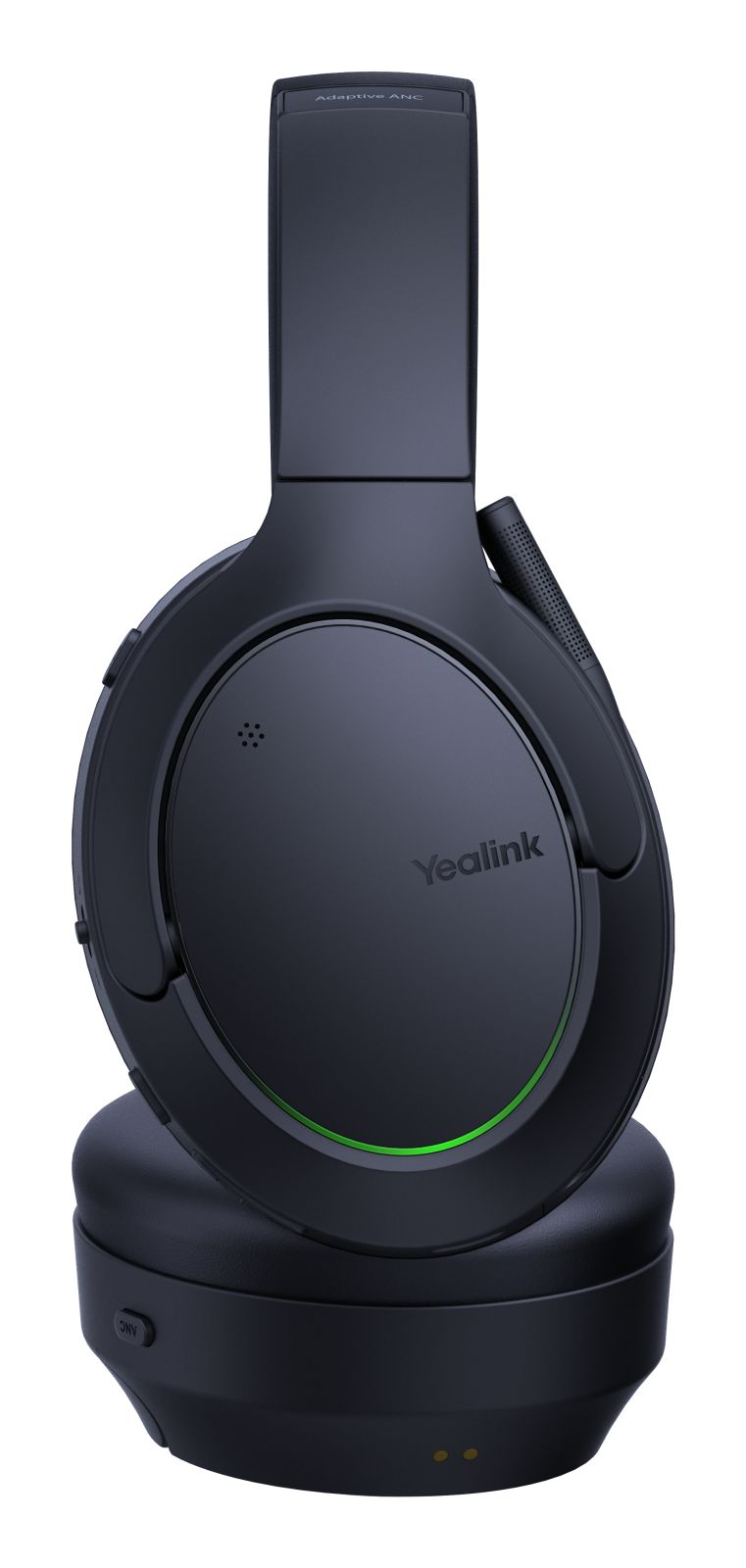 Auriculares Yealink negros con ANC adaptativo, sobre una base de carga.