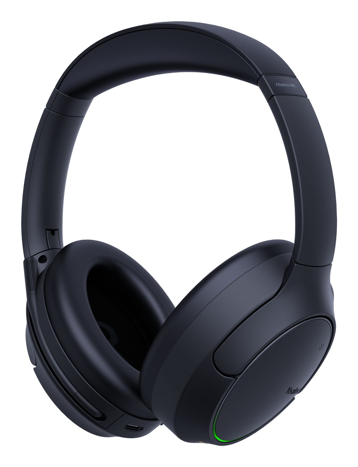 Auriculares negros circumaurales con ANC adaptativo y luz verde.