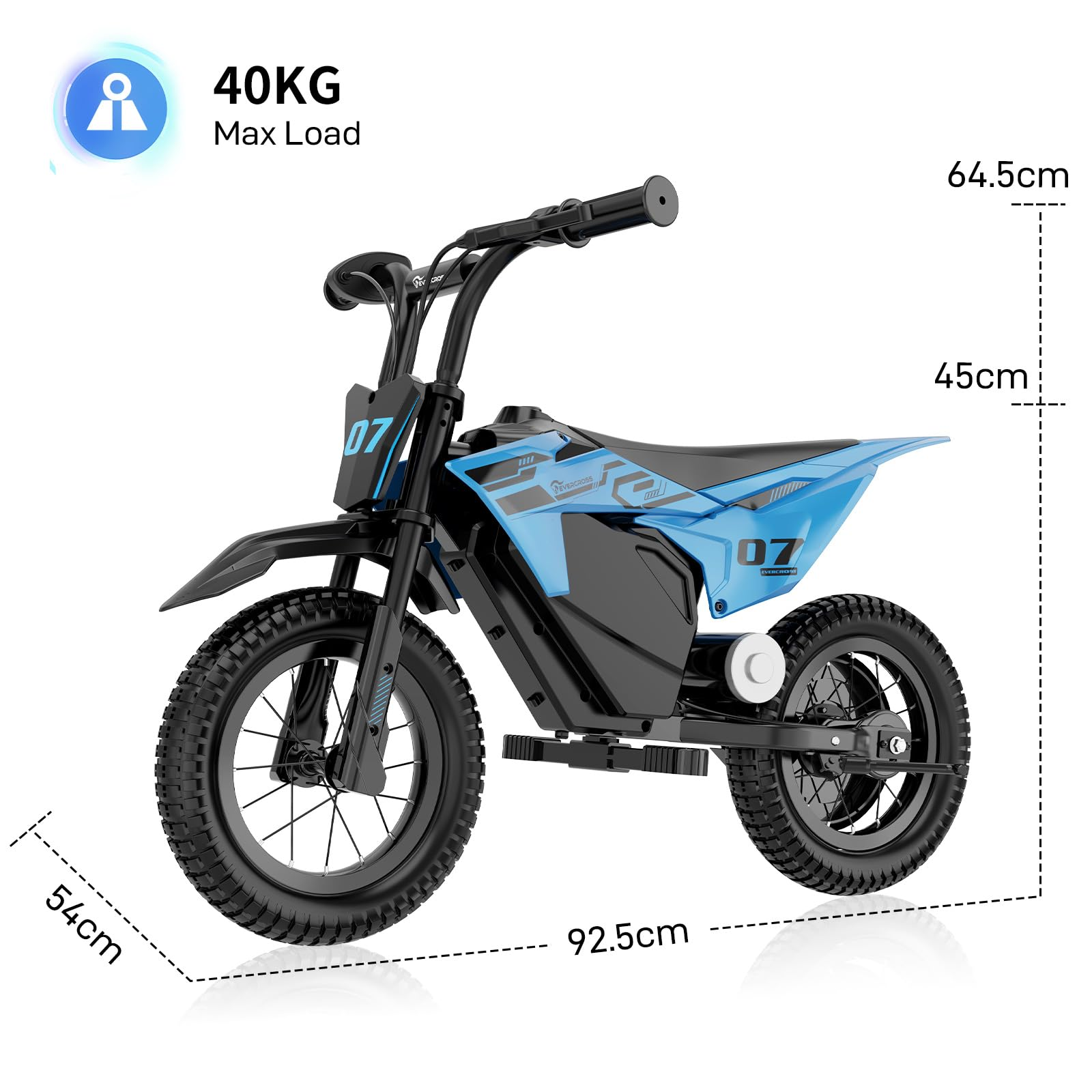 A blue and black kids' dirt bike with dimensions 92.5cm L, 54cm H, 45cm seat height.