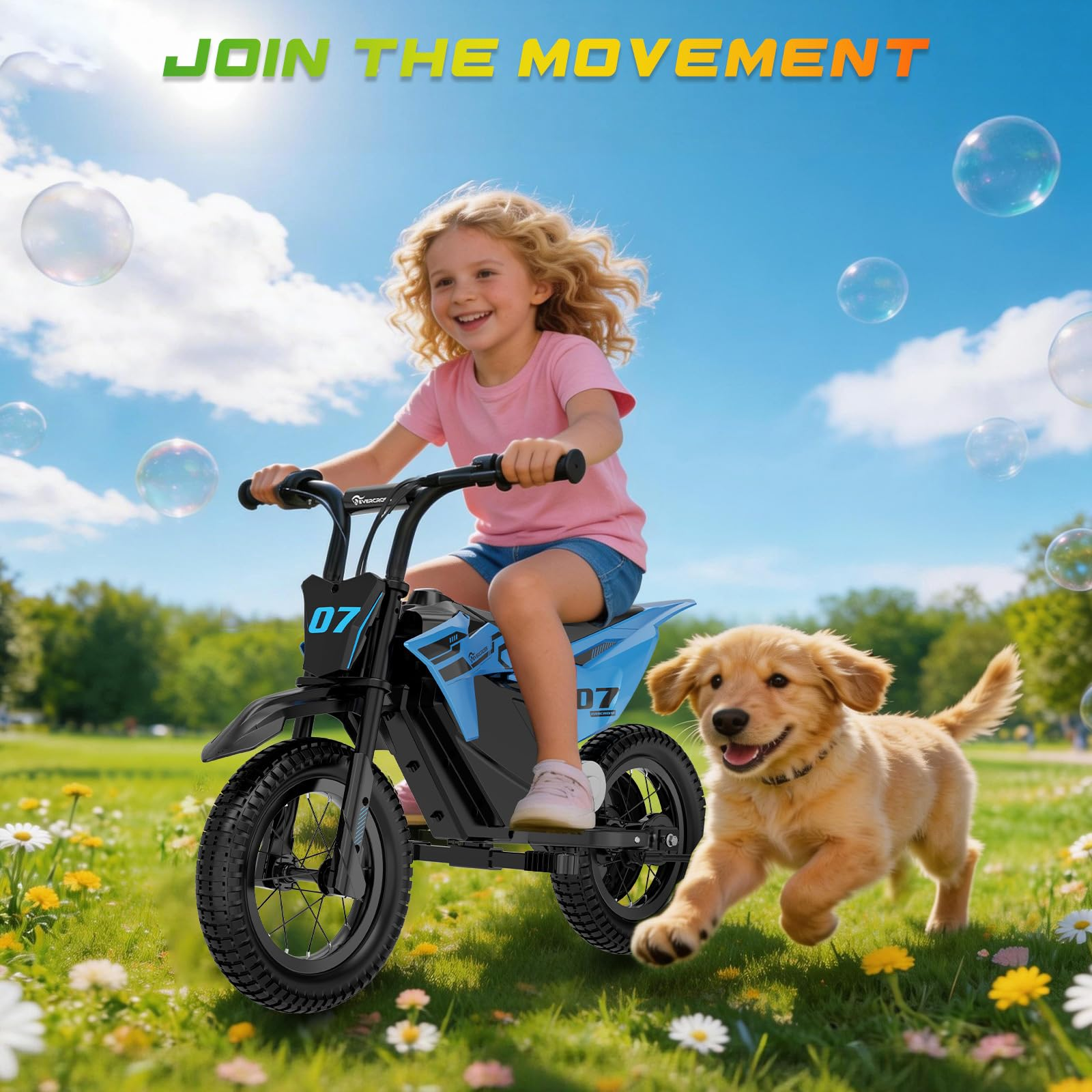 A girl rides a blue electric dirt bike, a dog runs beside her. Bubbles in the sky.