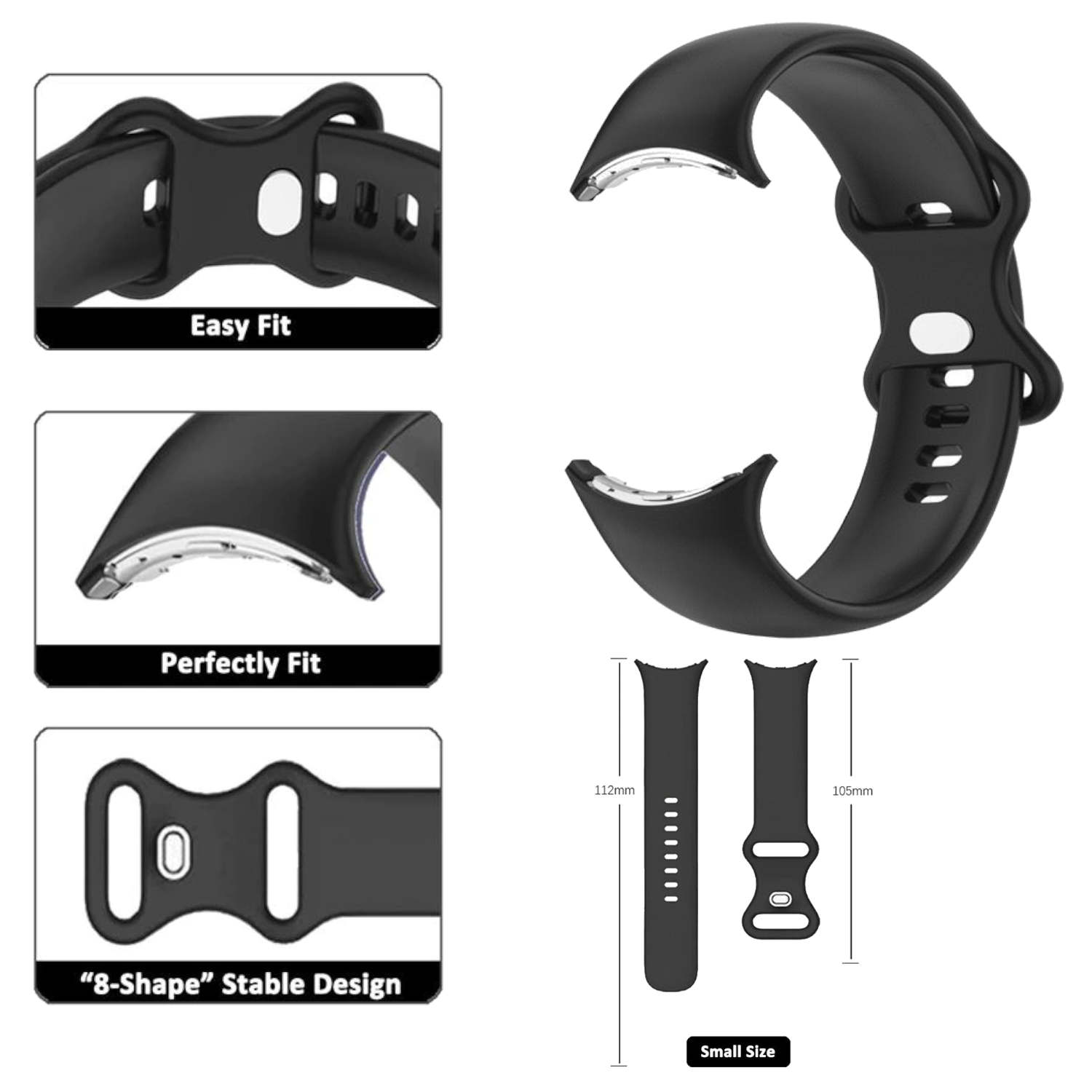 Schwarzes Uhrenarmband mit Befestigungselementen, Größenangaben und Designelementen.