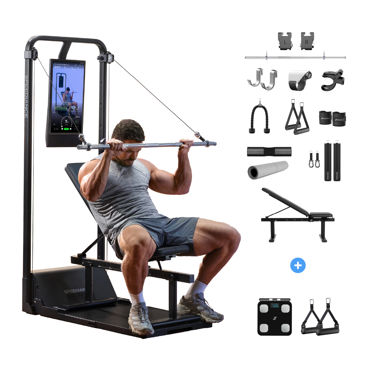 Mann auf Fitnessgerät mit Bildschirm. Zubehör: Bank, Waage, Stange, Gewichte.