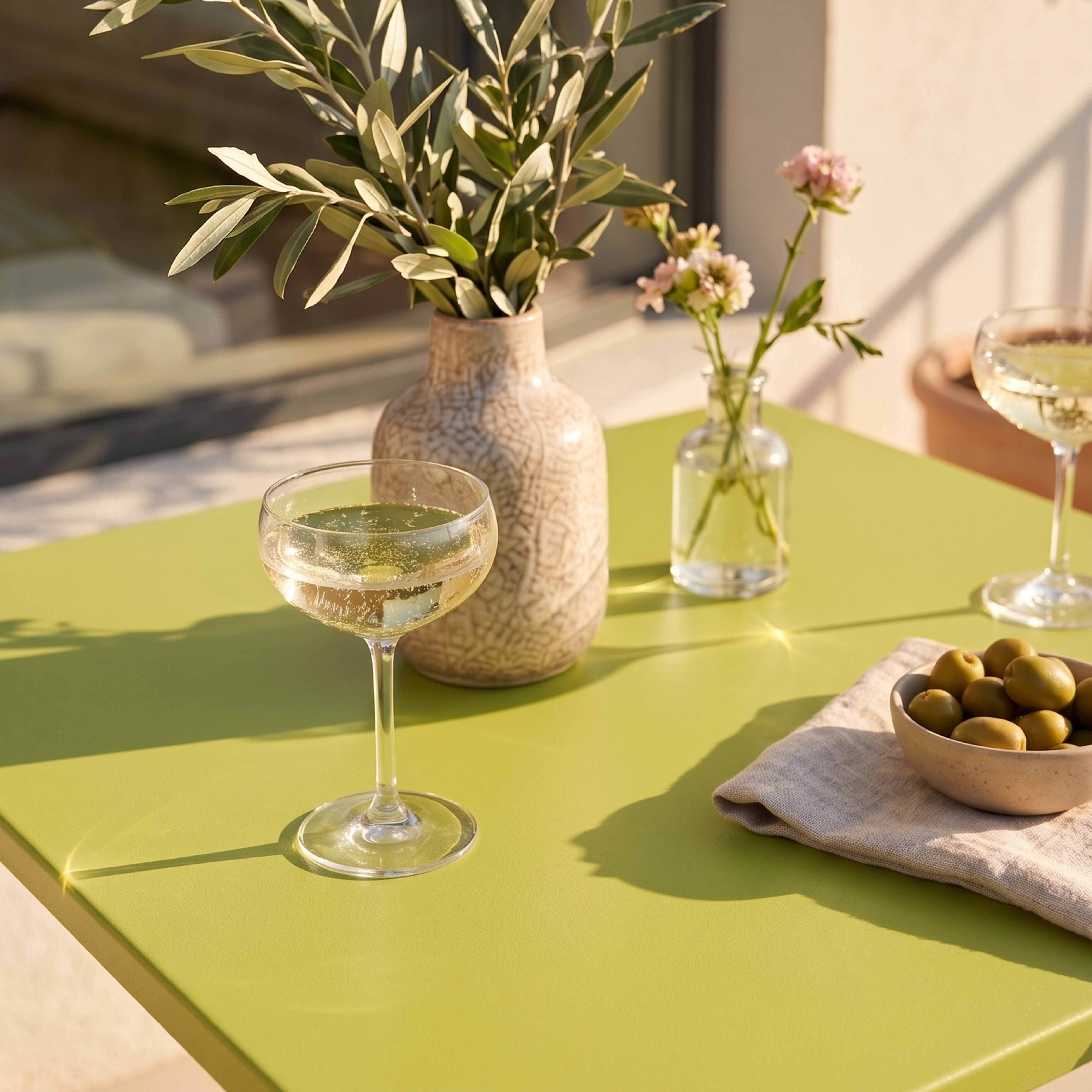 Zwei Gläser Sekt, Oliven und Blumen auf einem grünen Tisch im Freien.