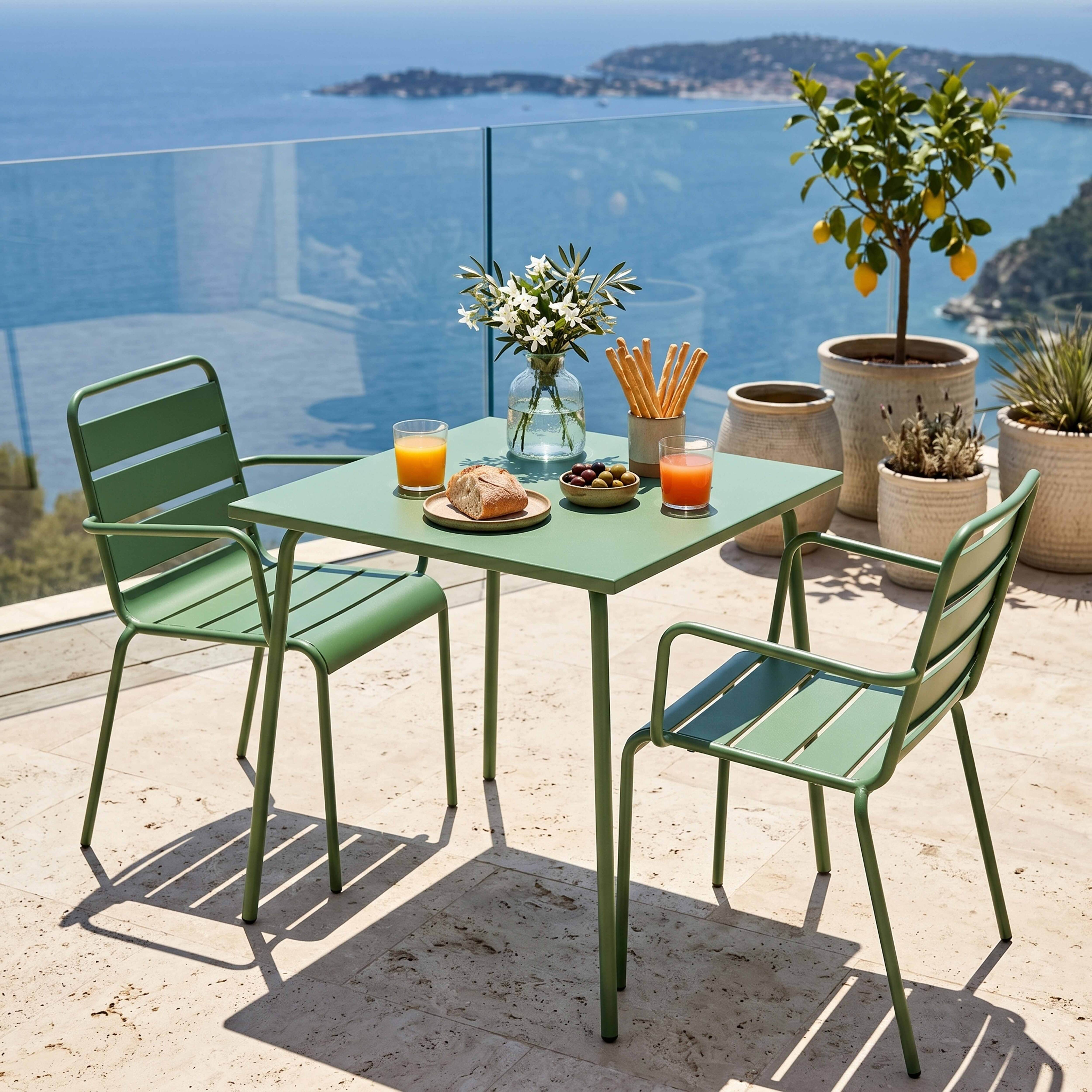 Ein grüner Tisch mit zwei Stühlen auf einer Terrasse mit Meerblick.