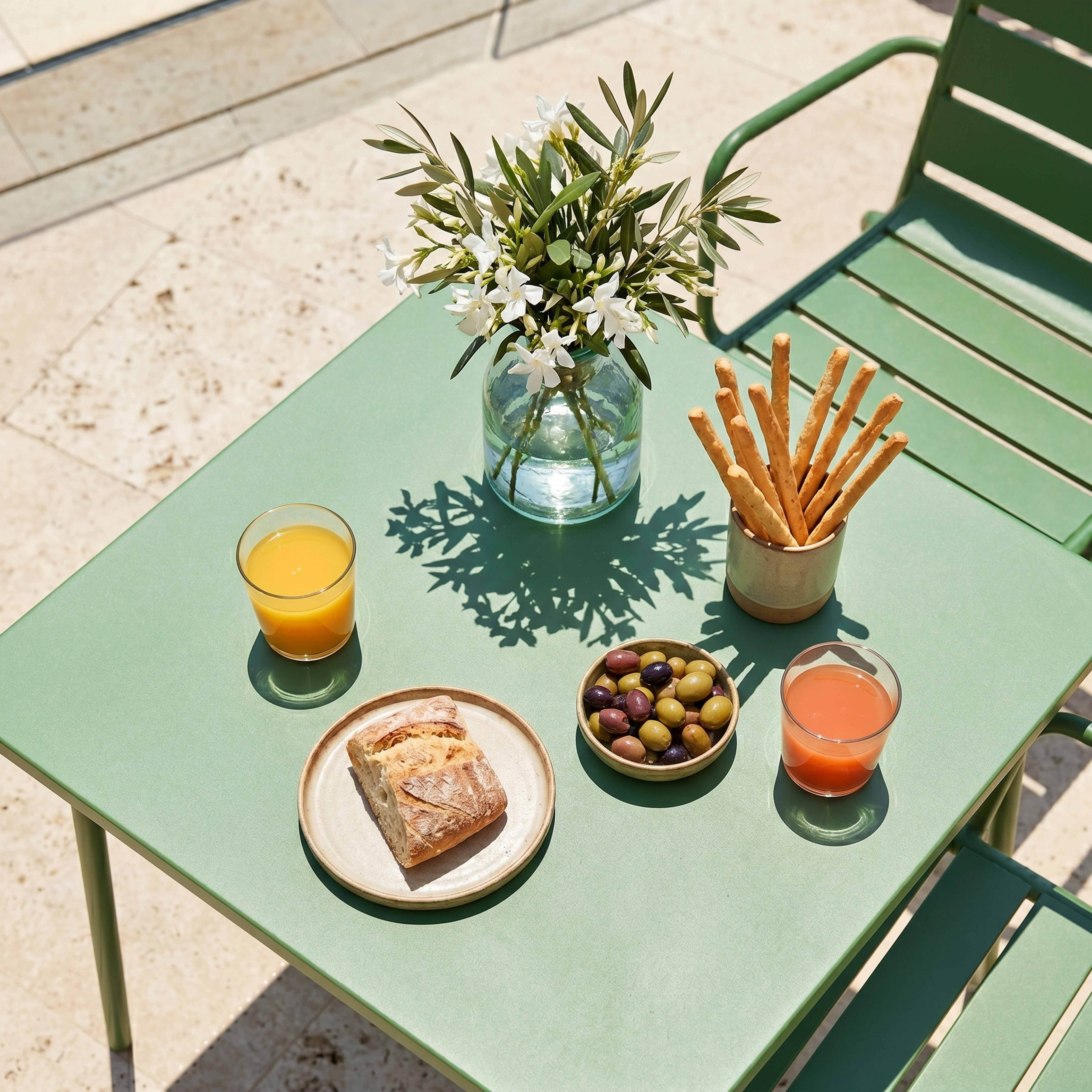 Grüner Gartentisch mit Orangen- und Tomatensaft, Brot, Oliven und Grissini.