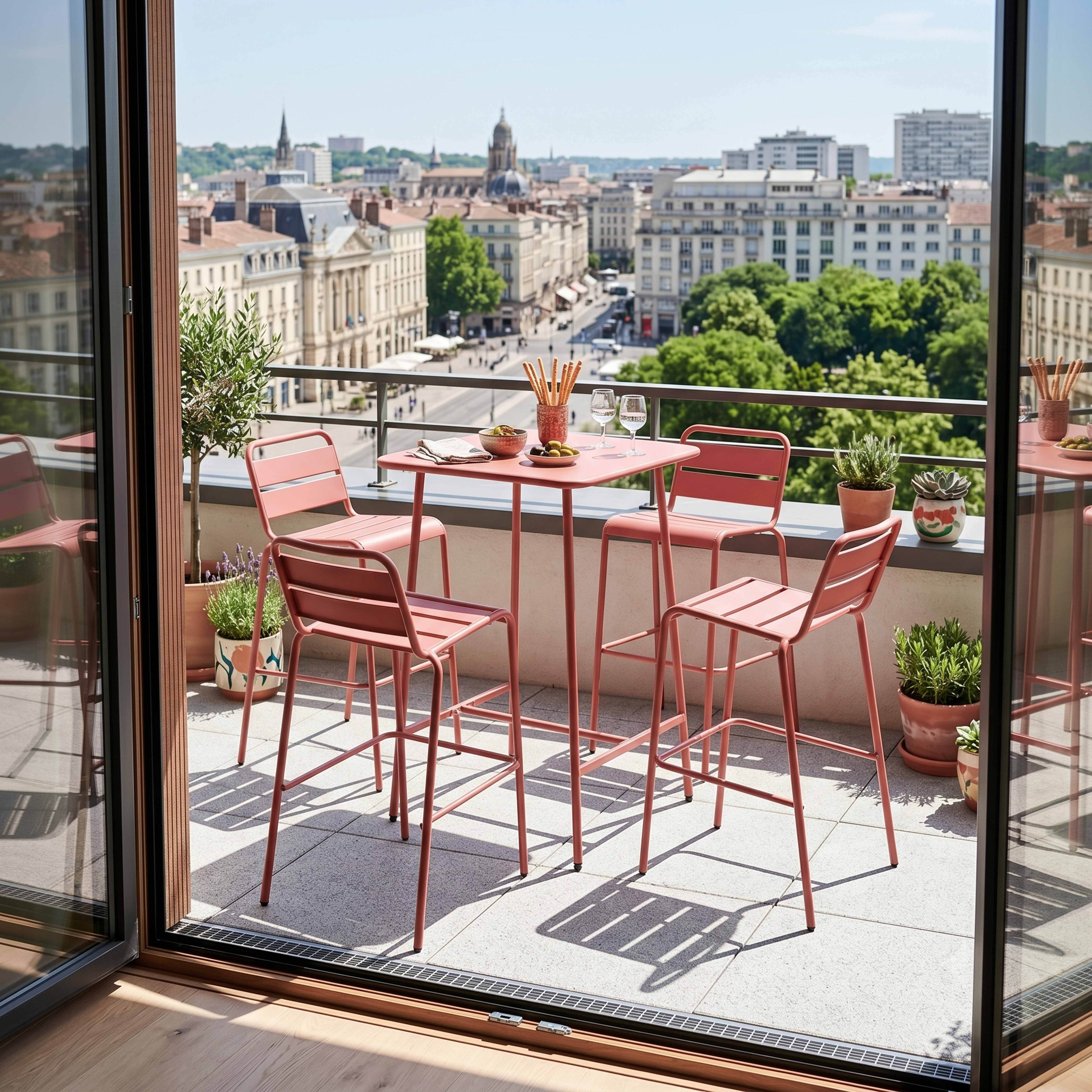 Ein rosafarbener Tisch und vier Stühle auf einem Balkon mit Stadtblick.