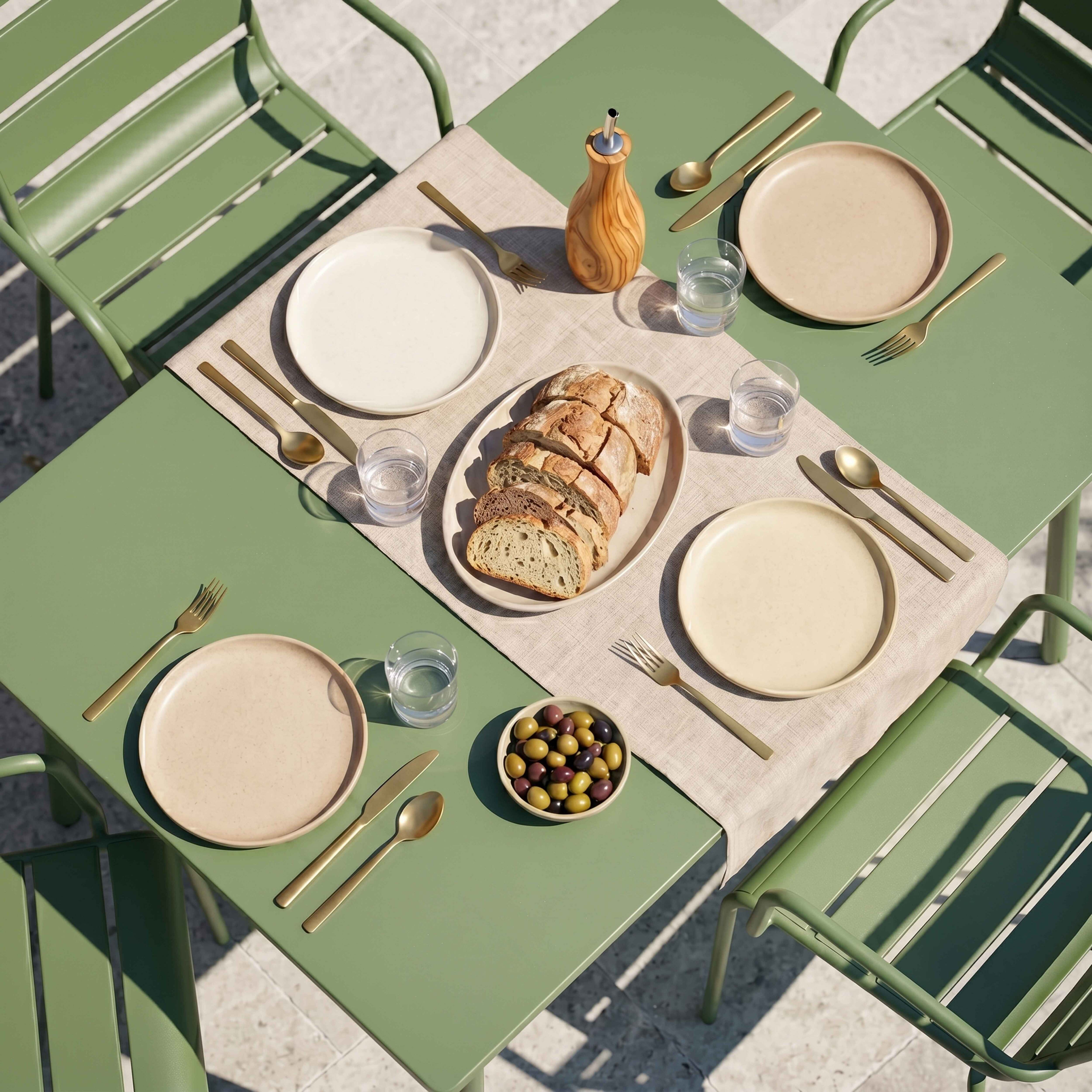 Grüner Gartentisch mit Essgeschirr, Brot und Oliven.