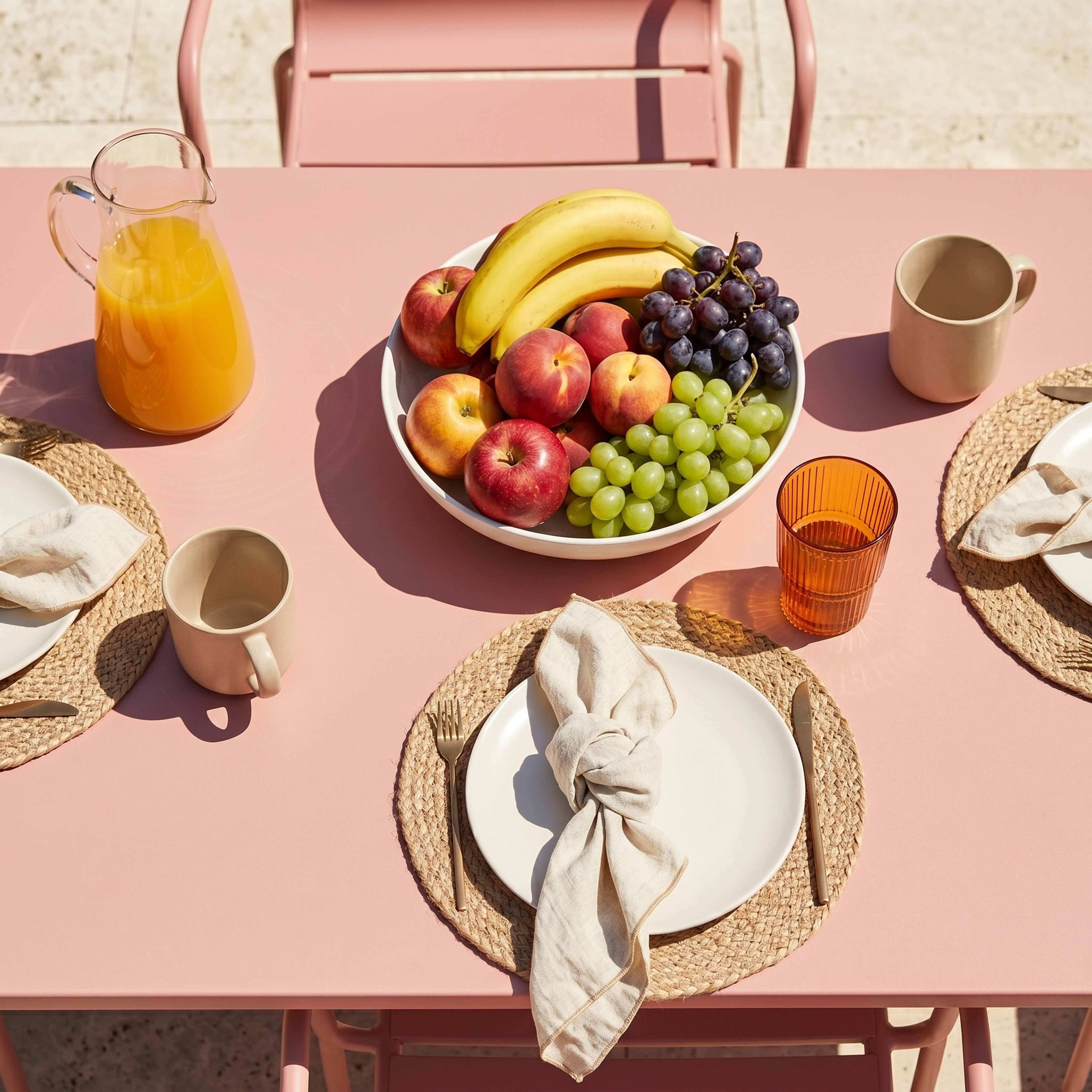 Obstschale mit Bananen, Äpfeln, Pfirsichen und Trauben auf einem rosafarbenen Tisch.