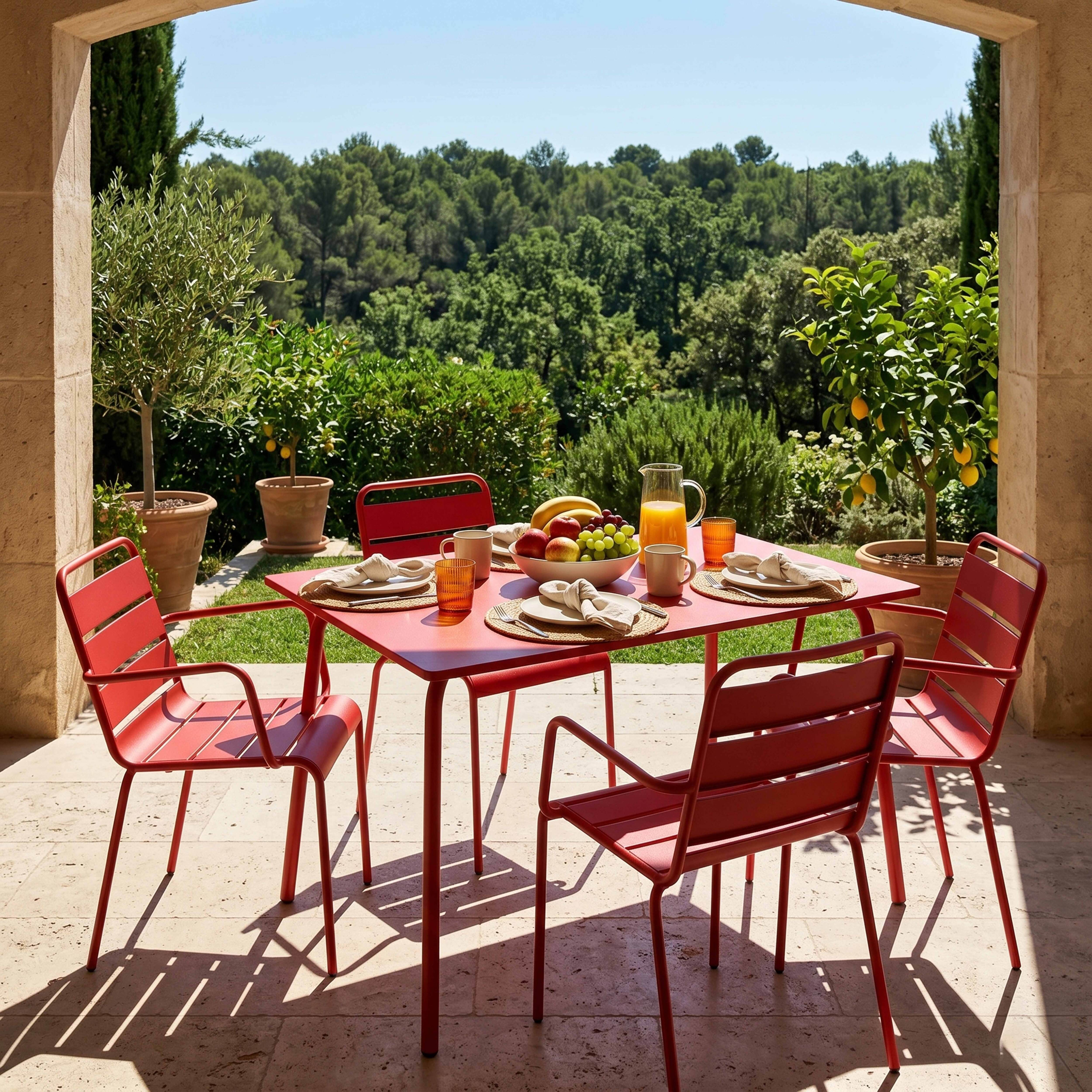 Ein roter Gartentisch mit Stühlen, gedeckt für das Frühstück, mit Obst und Orangensaft.