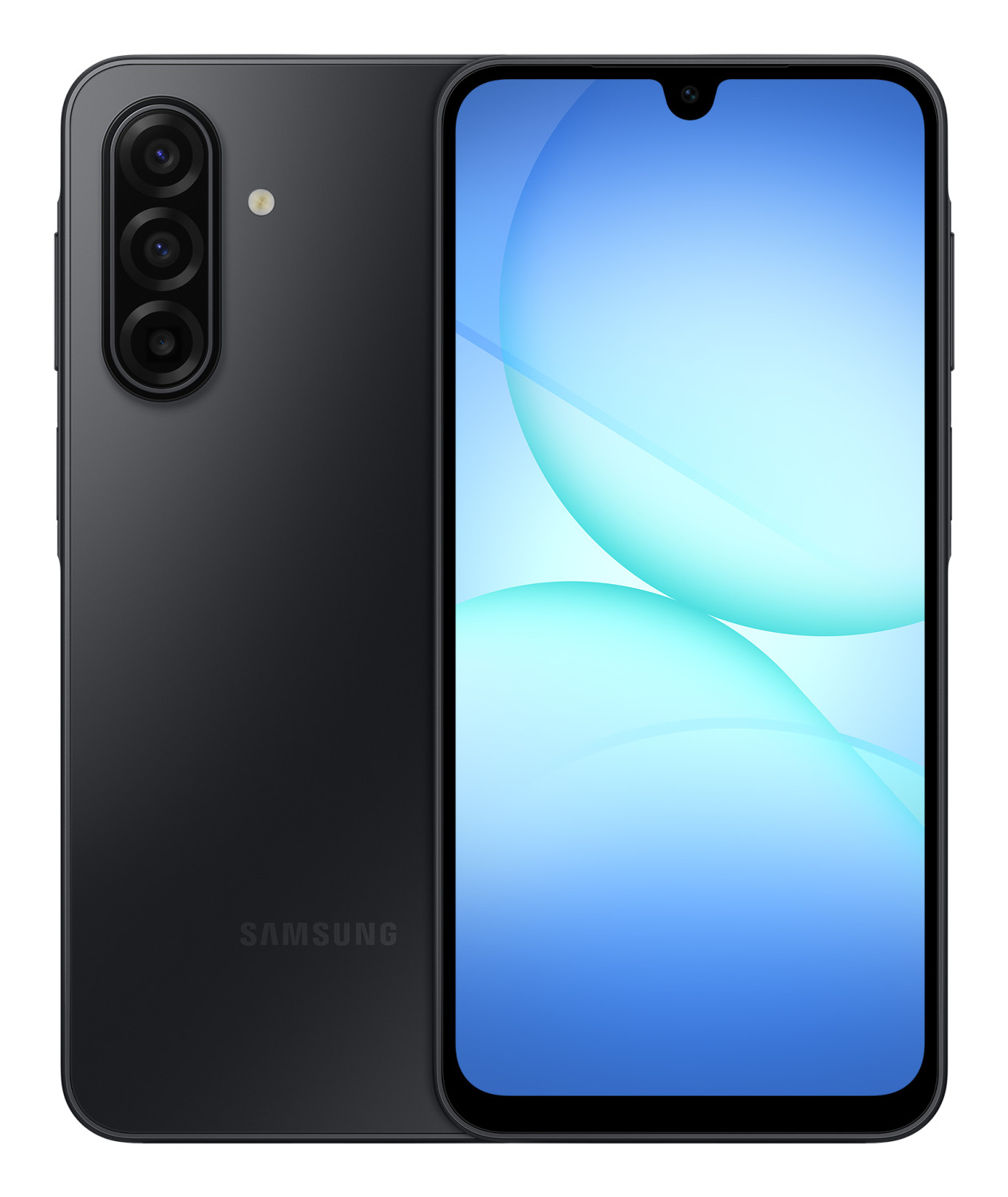 Smartphone nero con tripla fotocamera posteriore e display blu.