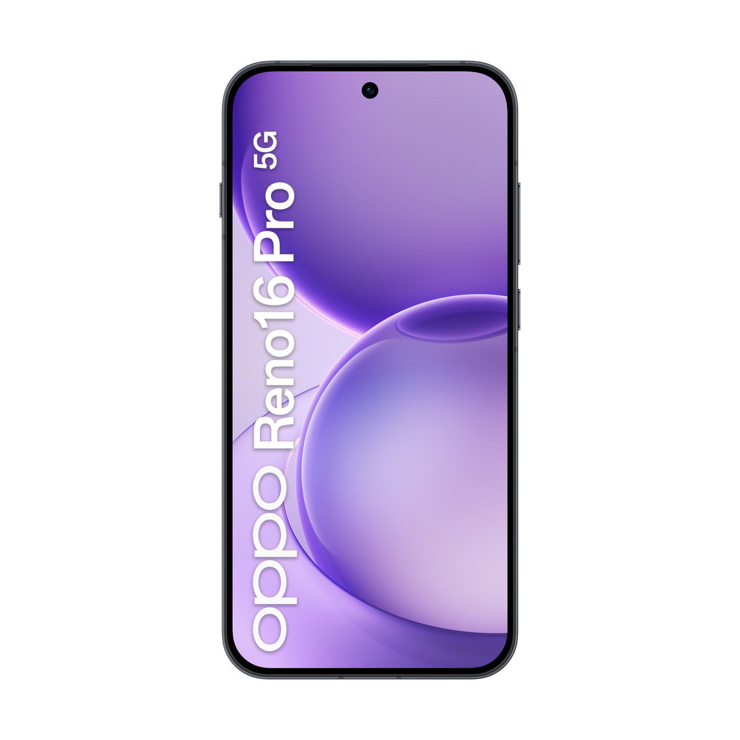 Uno smartphone nero con sfondo viola e testo "Oppo Reno16 Pro 5G".