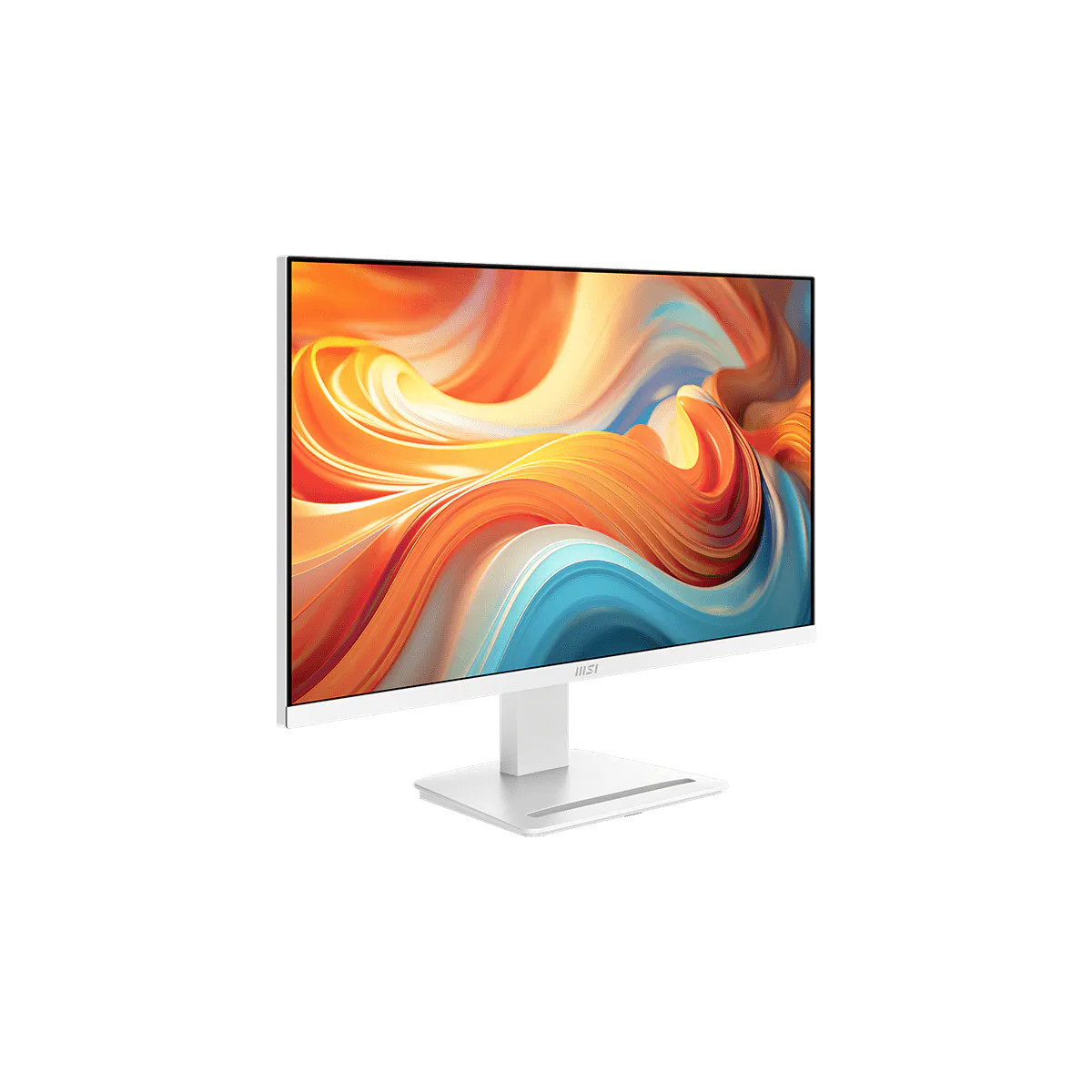 Soyut, renkli duvar kağıdı gösteren modern beyaz monitör.