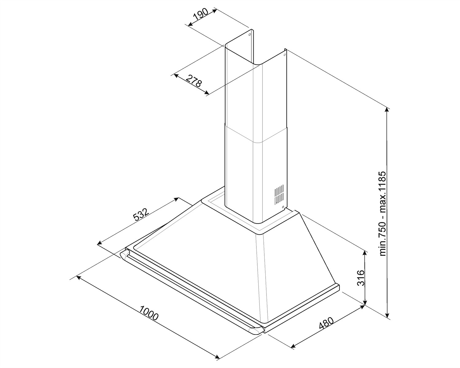 Disegno tecnico di una cappa da cucina con dimensioni.