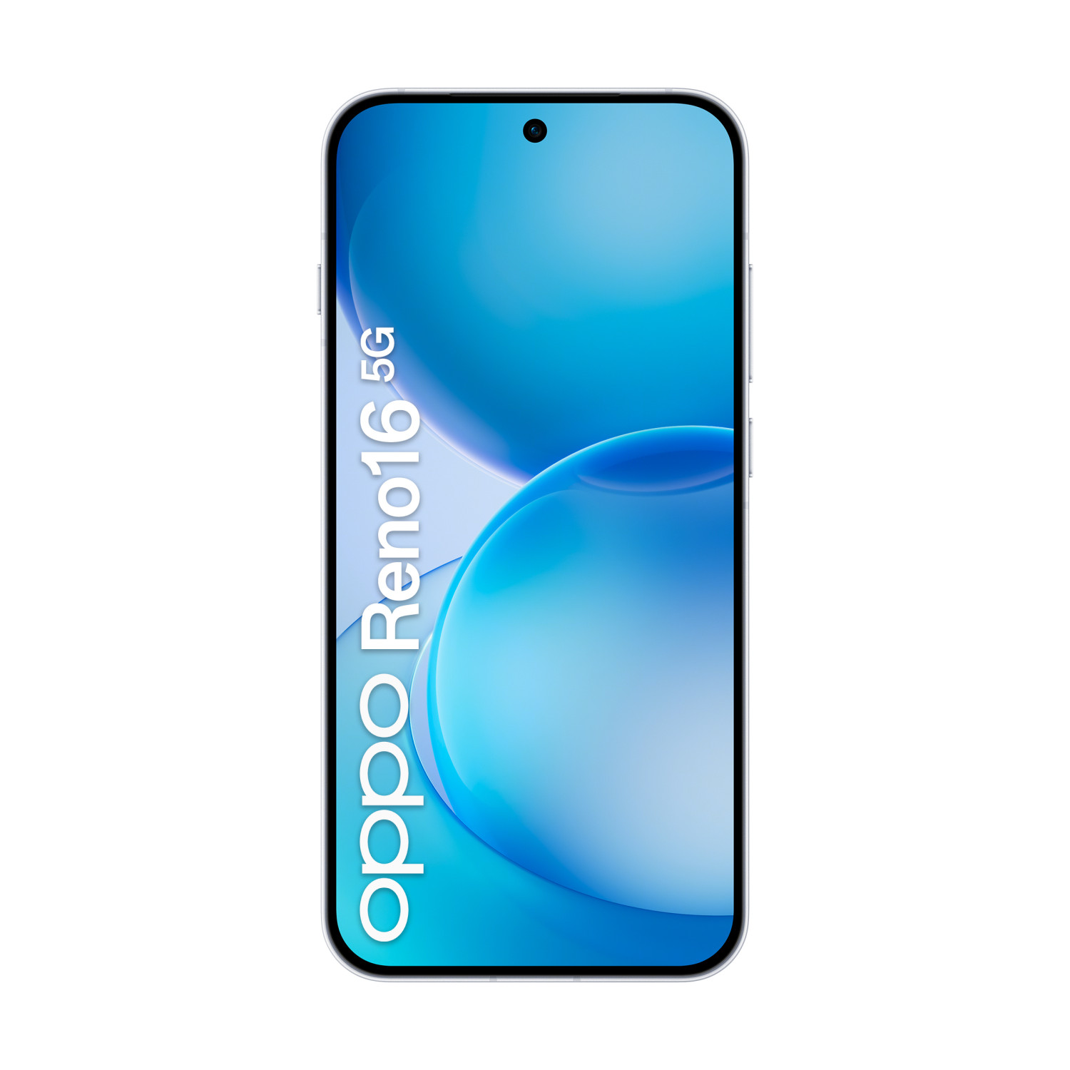 Un elegante smartphone argentato con sfondo blu e testo Oppo Reno16 5G.