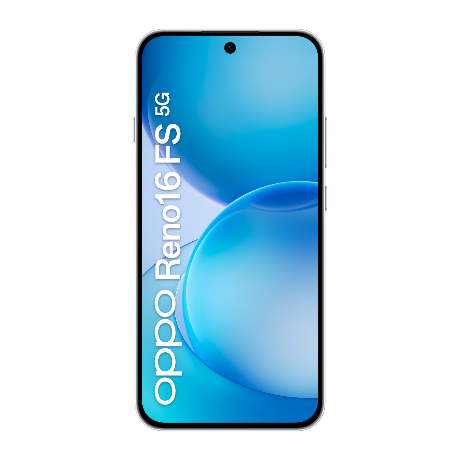 Uno smartphone OPPO Reno16 5G con sfondo blu.